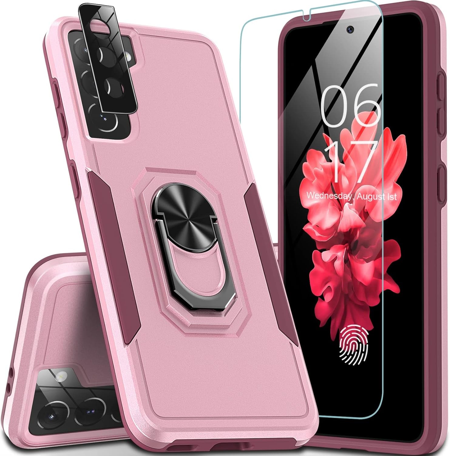 Oneagle for Samsung Galaxy S21 Case 5G, [4 in 1 ] Samsung S21 5G Case with [9H Glass Screen Protector+ Lens Protector] [ 360 Ring Stand] [12Ft Military Dropproof] Shockproof Case for Galaxy S21 5G  Oneagle-US Pink  