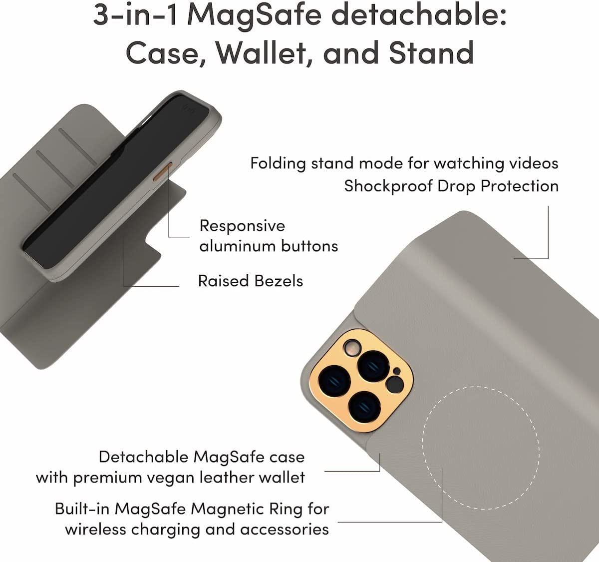 Moshi Overture Detachable Leather Wallet Case Compatible with Iphone 14 Pro, Flip Folio Case with 3 Card Holders Kickstand [Shockproof] Iphone Cover 6.1 Inch 2022, Magsafe Compatible (Serene Gray)  Moshi   