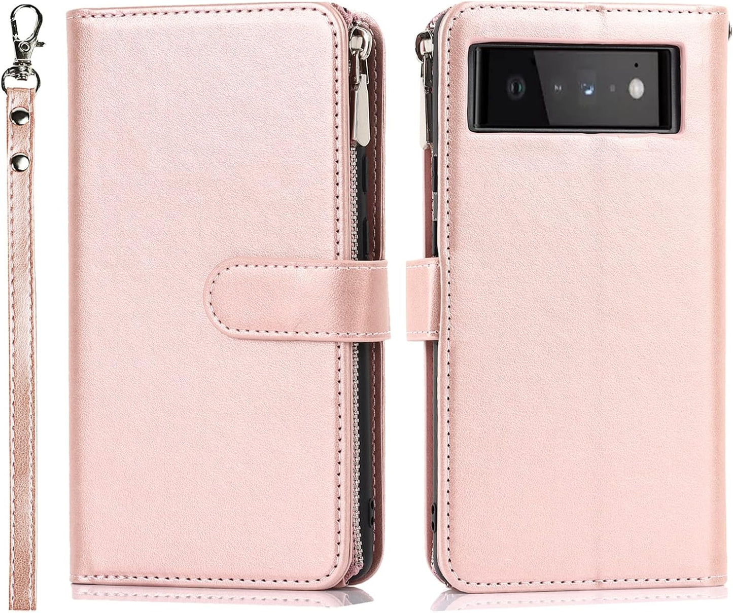 Jaorty Compatible with Google Pixel 6 Wallet Case,[6 Card Slots] [Wrist Strap] [Stand Feature] Detachable 2 in 1 Magnetic Zipper Leather Cover Case for Google Pixel 6,6.4" Rosegold  Jaorty   