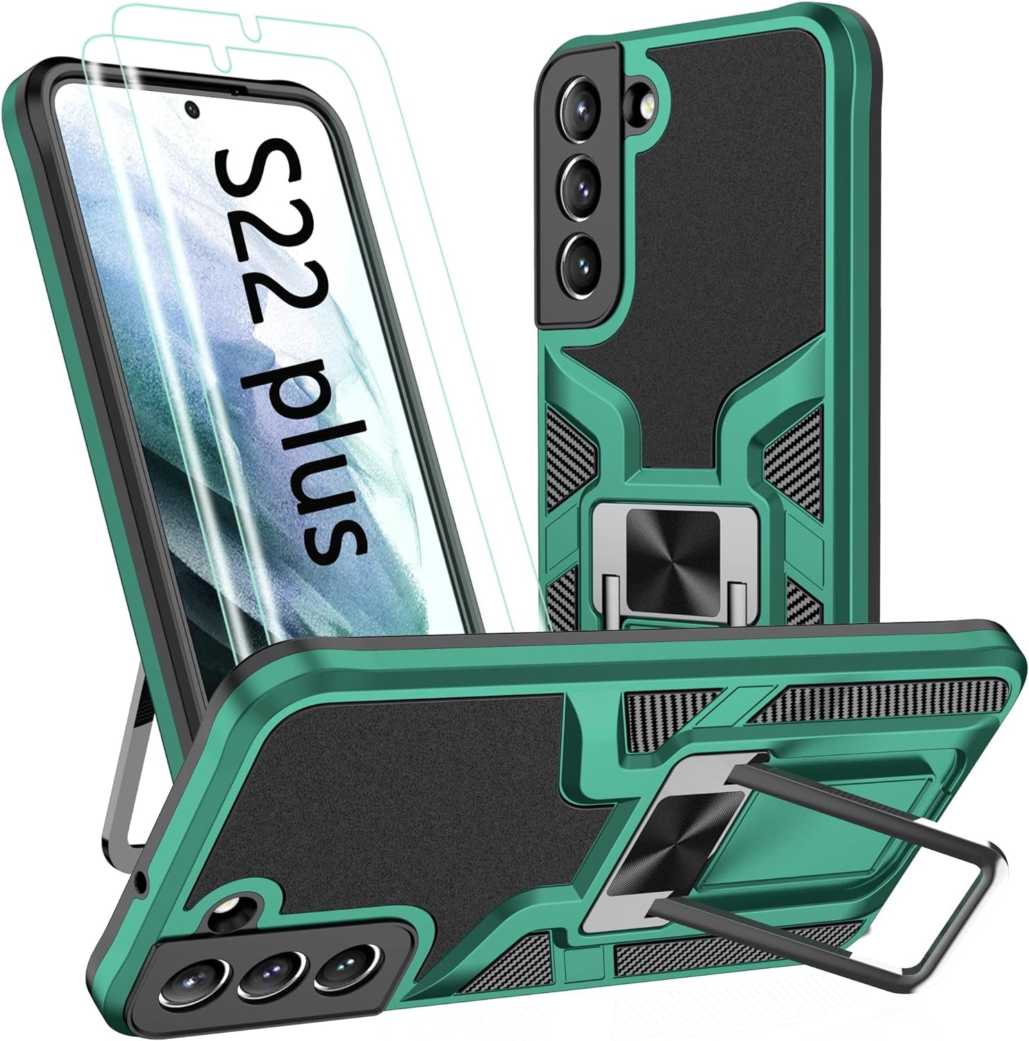 AKINIK for Samsung Galaxy S22 plus Case, S22 plus Case with Self Healing Flexible TPU Screen Protective [2 Pack],Military Grade Invisible Kickstand Case for Galaxy S22 plus (Black)  AKINIK Green  