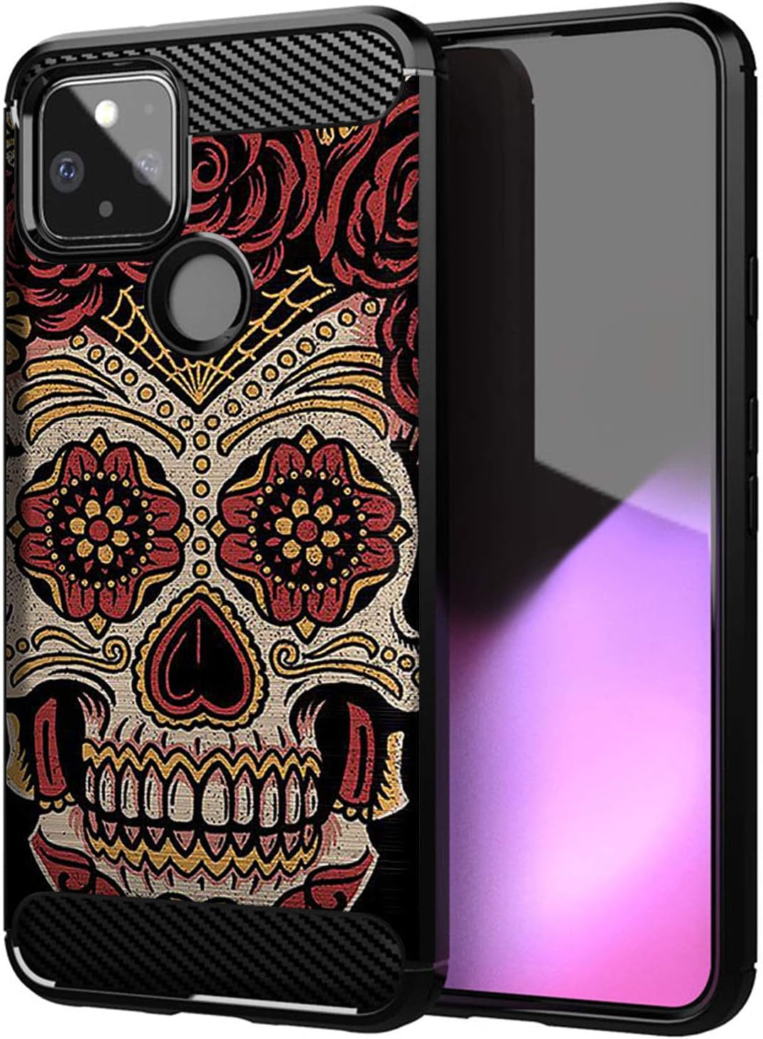 Casesondeck Slim Case Compatible with [Google Pixel 4A 5G (2020)] Thin Scratch Preventing TPU, Matte Finish Carbon Fiber Texture Edges (Mexican Skull)  CasesonDeck Sugar Skull  
