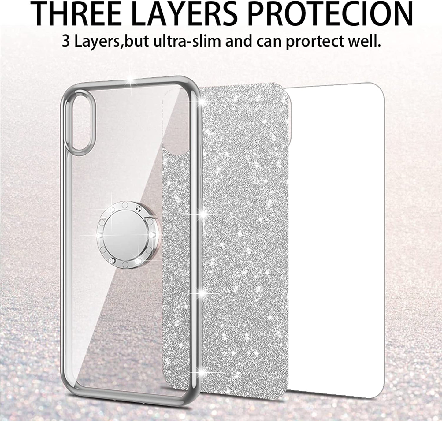 Nancheng for Xperia 1 III Case Girls Women Cute Glitter Silicone Sparkly Slim Cover with Ring Stand & Strap Shockproof Drop Full-Body Protection Case for Sony Xperia 1 III (2021) - Silver  nancheng   