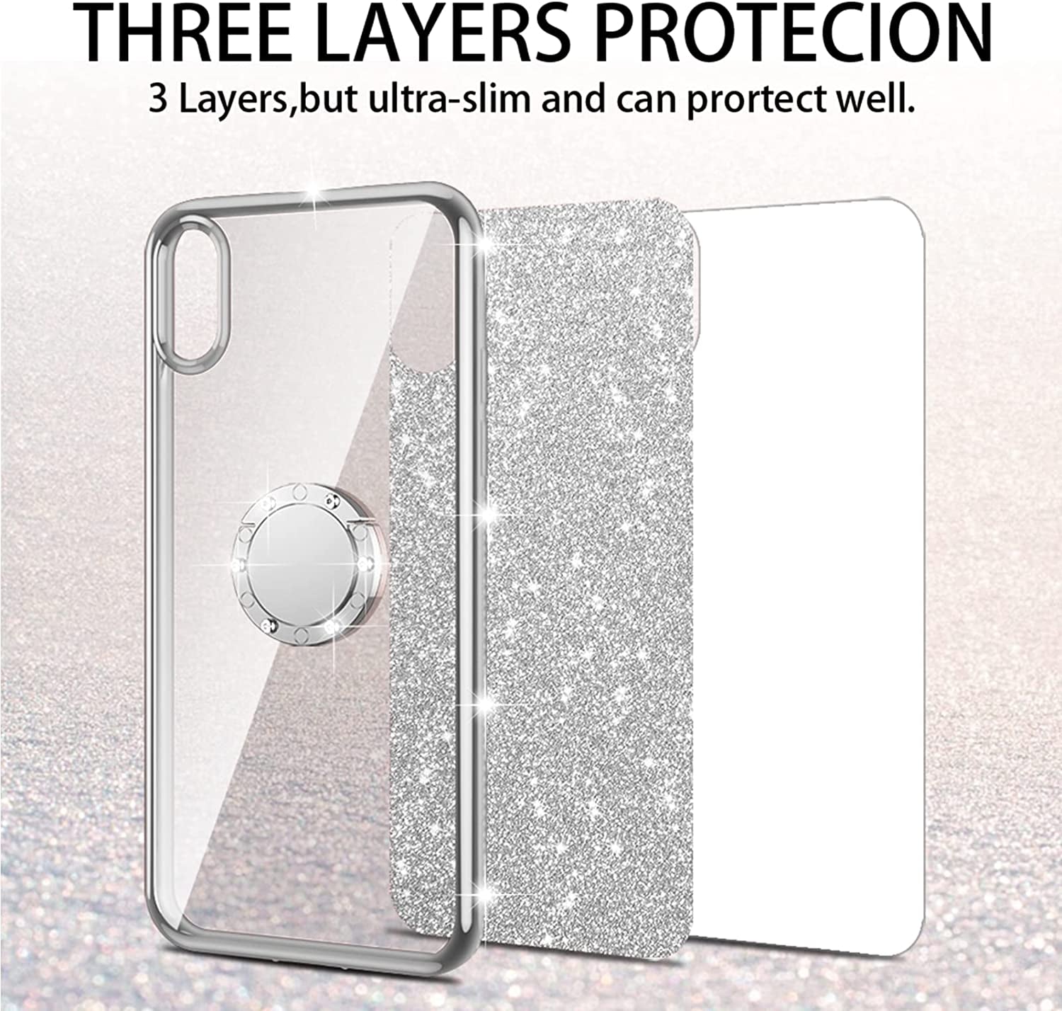 Nancheng for Xperia 1 III Case Girls Women Cute Glitter Silicone Sparkly Slim Cover with Ring Stand & Strap Shockproof Drop Full-Body Protection Case for Sony Xperia 1 III (2021) - Silver  nancheng   