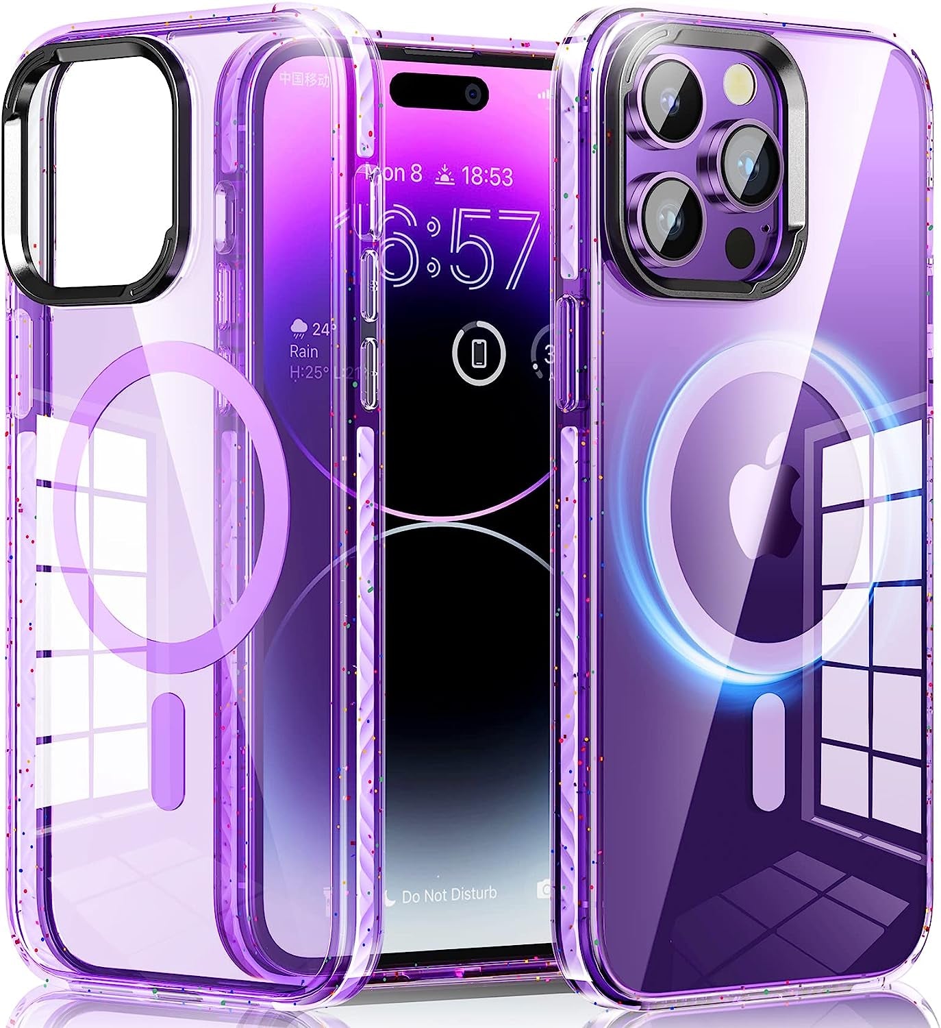 JUESHITUO for Iphone 14 Pro Max Case Magsafe with Glitter Shockproof Buffer Belt [Never Yellow] [10X Military Protection] [Screen Protector & Higher Camera Cover] Magnetic Clear Purple Back 6.7 Inch  JUESHITUO   
