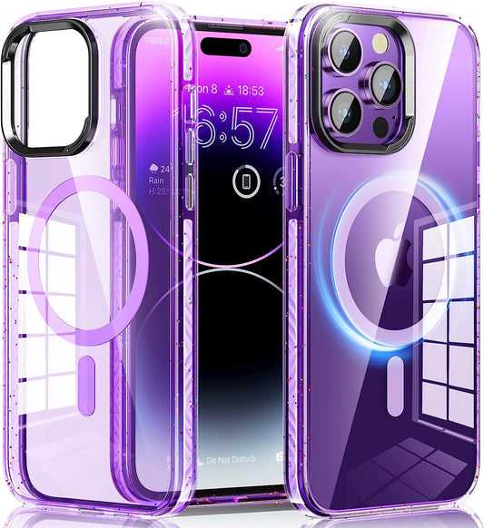 JUESHITUO for Iphone 14 Pro Max Case Magsafe with Glitter Shockproof Buffer Belt [Never Yellow] [10X Military Protection] [Screen Protector & Higher Camera Cover] Magnetic Clear Purple Back 6.7 Inch  JUESHITUO   
