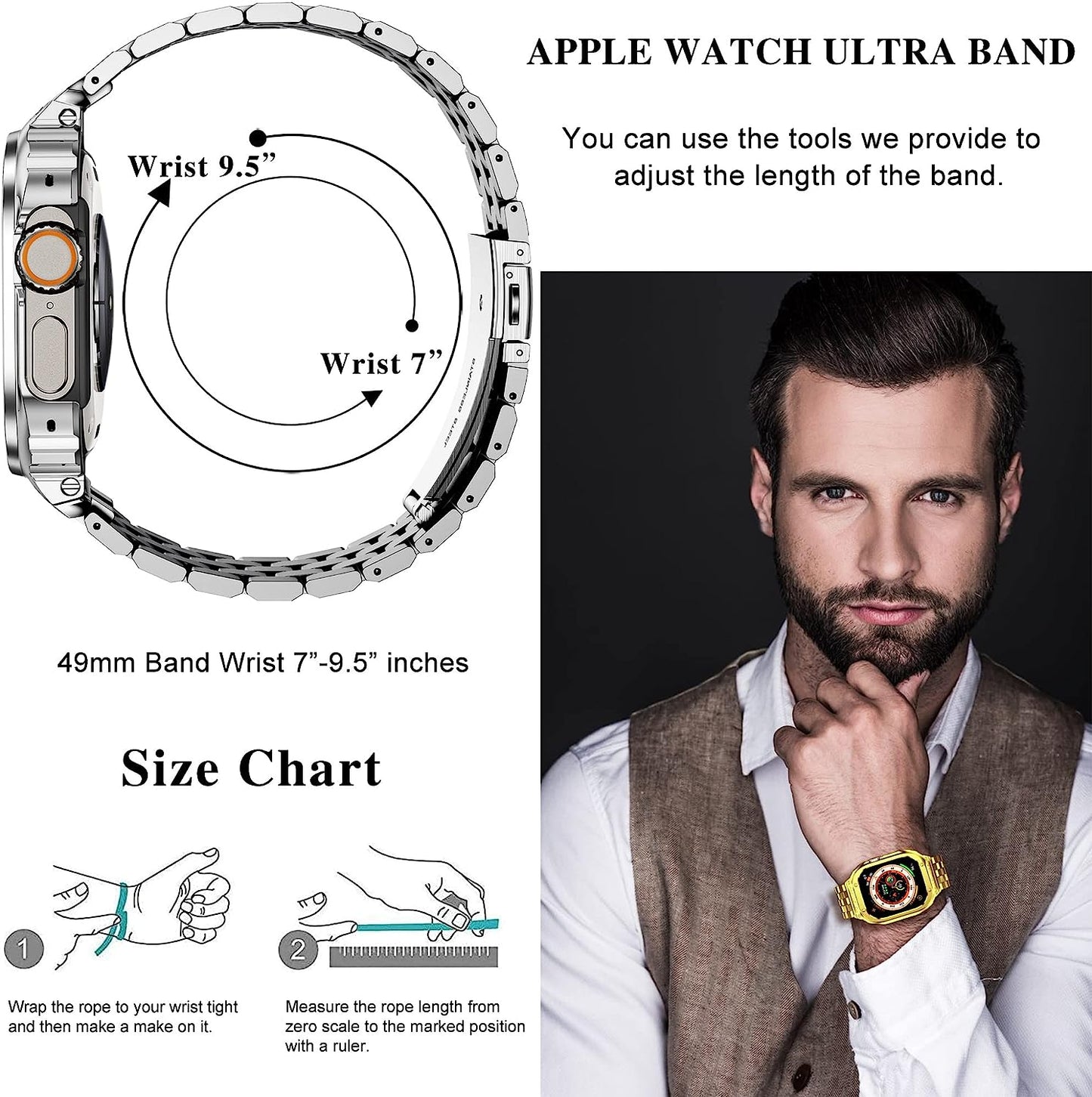Amznew Apple Watch Bands Compatible for Iwatch Series Ultra (49Mm) 8/7(45Mm/41Mm), 6/5/4/Se(44Mm/40Mm) 3/2/1(42Mm/38Mm), Stainless Steel Iwatch Bands with Case and Protective Cover Men  Amznew   