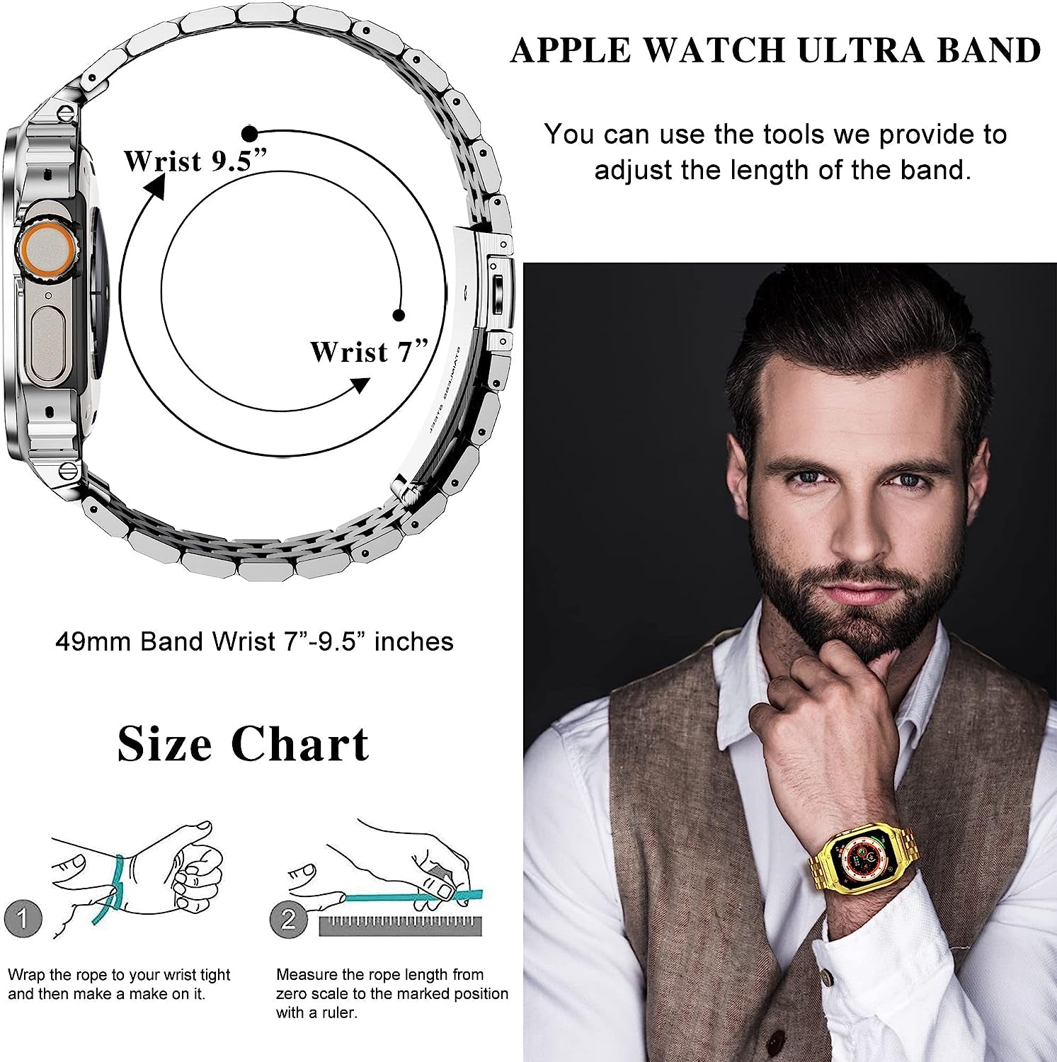 Amznew Apple Watch Bands Compatible for Iwatch Series Ultra (49Mm) 8/7(45Mm/41Mm), 6/5/4/Se(44Mm/40Mm) 3/2/1(42Mm/38Mm), Stainless Steel Iwatch Bands with Case and Protective Cover Men  Amznew   