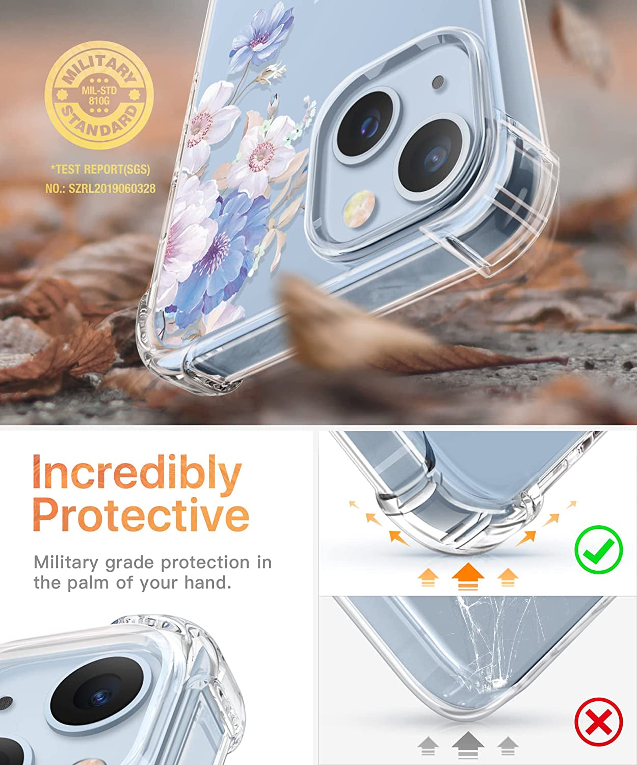 GVIEWIN Compatible with Iphone 14 Case with Screen Protector+Camera Lens Protector, Soft Shockproof Clear Floral Phone Protective Cover for Women, Flower Pattern Design 6.1" (Alyssum/Blue)  GVIEWIN   