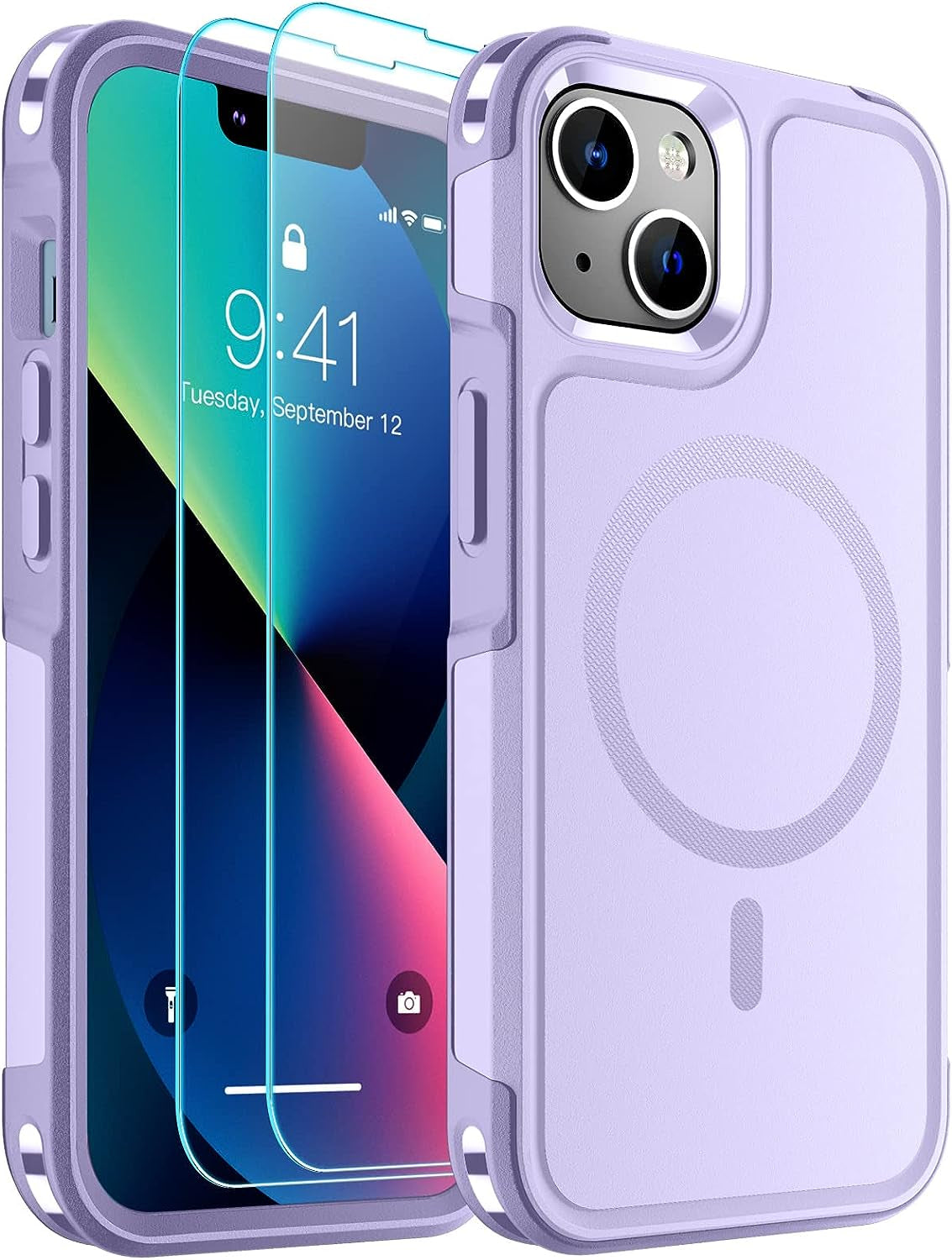 SUPFINE Magnetic for Iphone 13 Case Clear [Compatible with Magsafe][Never Yellow][2+Tempered Glass Screen Protector] Non-Slip Shockproof Phone Case,Flexible Bumper Designed for Thin Cover,Clear  SUPFINE Magnetic Light Purple Iphone 13 