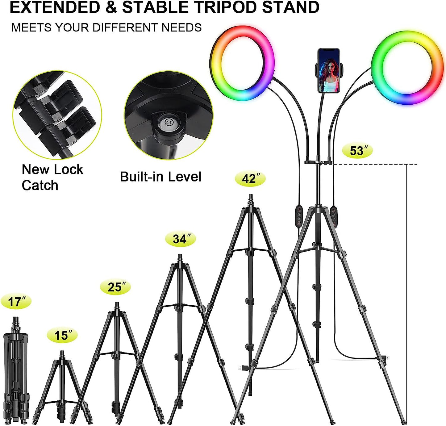 Dual 8" RGB Selfie Ring Light with Stand and Phone Holder, 76" Extendable Light Stand & Dimmable 29 Colors of Double LED Circle Lights for Tiktok/Live Stream/Makeup/Youtube  SEBIDER   