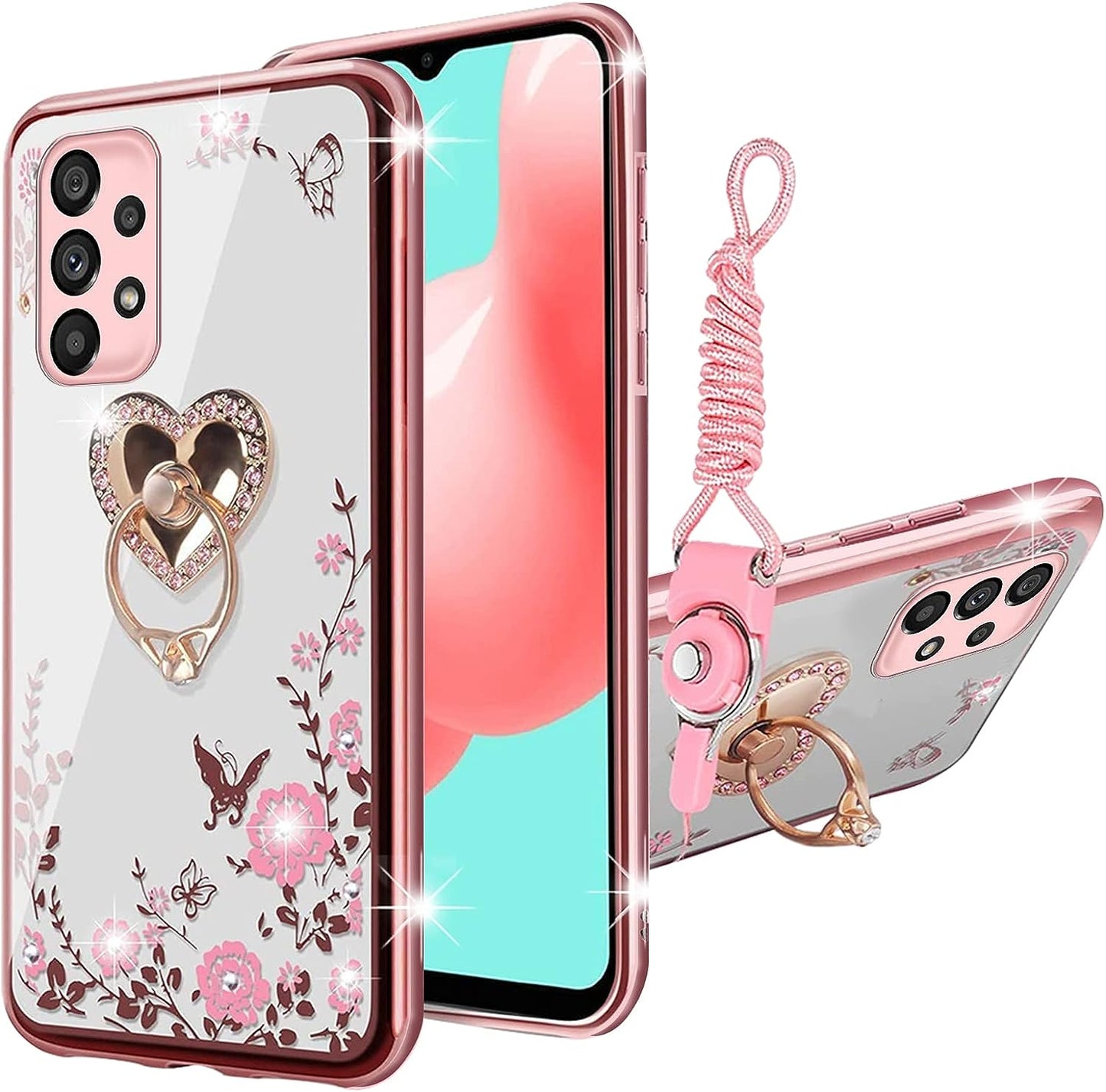 For Samsung Galaxy A53 Case, A53 5G Case for Women Glitter Crystal Butterfly Heart Floral Soft TPU Luxury Bling Cute Protective Cover with Kickstand Strap for Samsung A53 5G (Rose Gold)  KuDiNi   