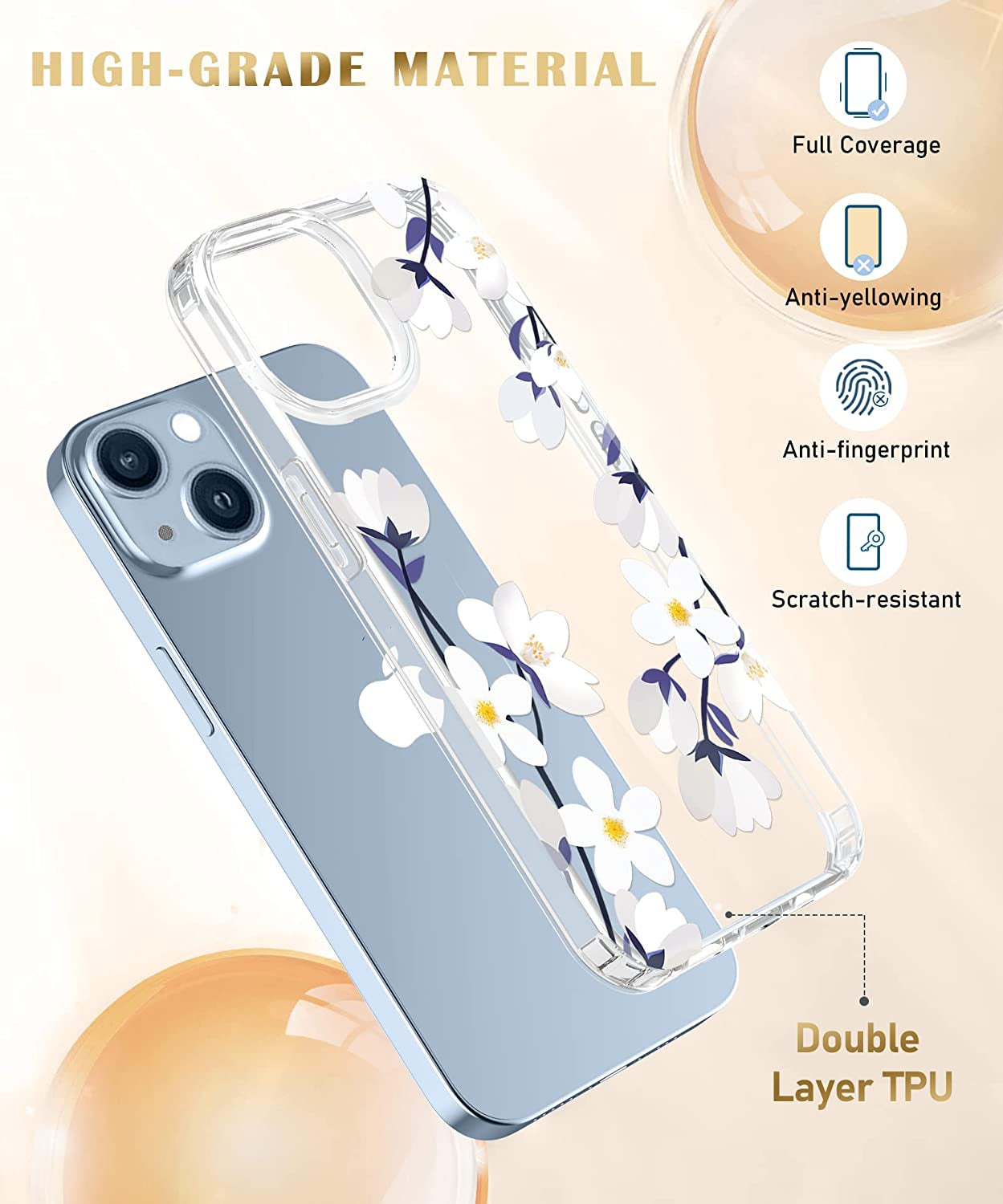 MIODIK Compatible with Iphone 14 Case with Screen Protector + Camera Lens Protector, [Anti-Yellow] Clear Floral Phone Case, Protective Shockproof Cover for Women Girls 6.1 Inch - Alyssum/White  MIODIK   