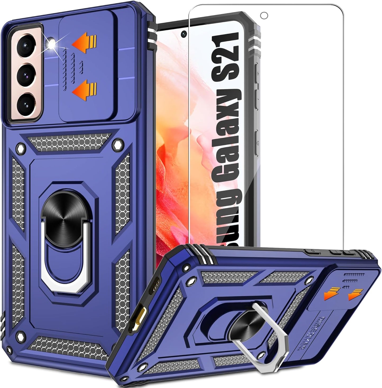 ATUMP for Galaxy S21 Case with HD Screen Protector, Build in 360° Magnetic Ring Holder Kickstand [Military Grade] Protective Case for Samsung Galaxy S21 Case 5G,Rose Gold  Atump Blue  