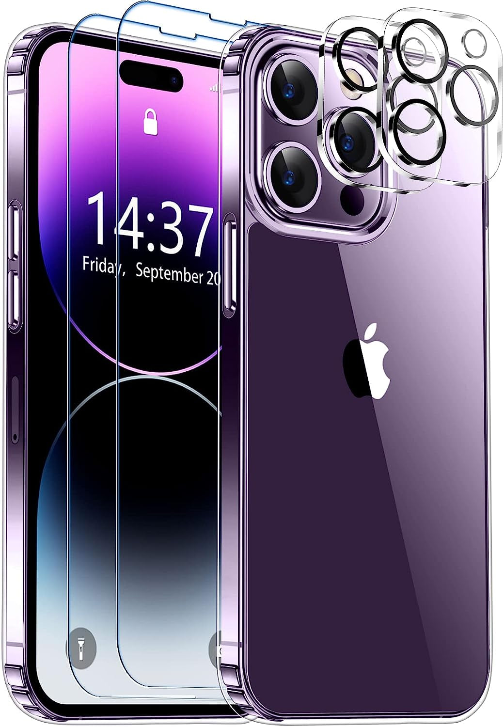 Justcool Designed for Iphone 14 plus Case, [Crystal Clear Not Yellowing] with [2 Pcs Tempered Glass Screen Protectors & 2 Pcs Camera Lens Protector] Slim Thin Protective Phone Case (Clear)  Justcool Clear Iphone 14 Pro 