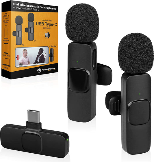 Powerdewise Wireless Lavalier Microphone for Android Phones USB Type C, Ipad Macbook, Noise Cancelling Cordless Microphones Plug&Play Mini Mic Lapel Microphone Clip on Wireless Mic for Android 2 Pack  PowerDeWise   