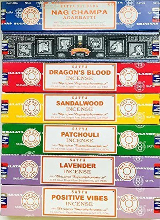 Satya Incense Gift Set Nag Champa, Super Hit, Dragon'S Blood, Sandalwood, Patchouli, Lavender, Positive Vibes, 15 G  satya sai baba   