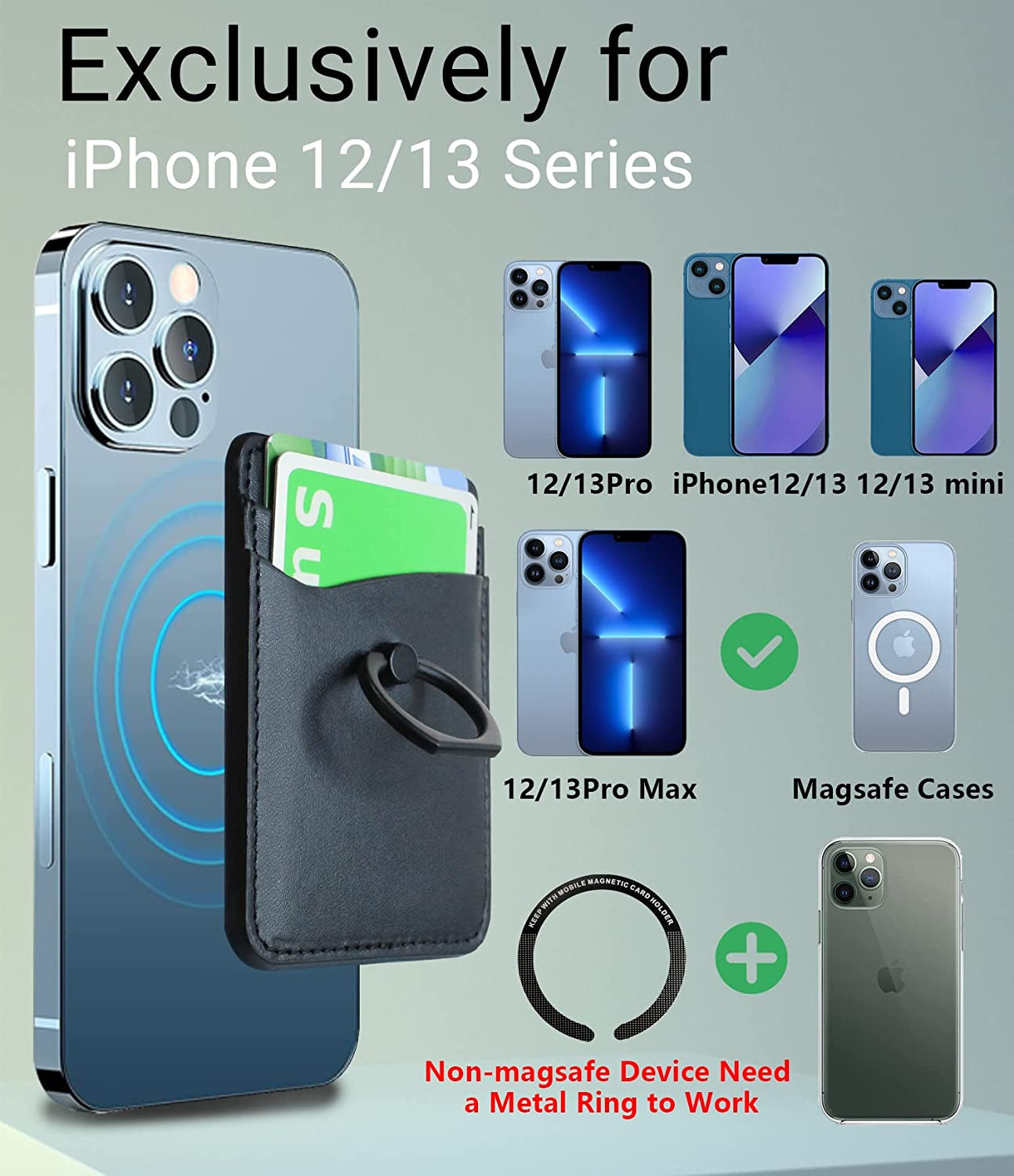 WUOJI Magnetic Leather Wallet 2 Cards Holder Stand Designed for Magsafe with Kickstand Compatible with Iphone 13 Pro Max/13/13 Pro/13 Mini & Iphone 12 Pro Max/12/12 Pro/12 Mini-Black  WUOJI   