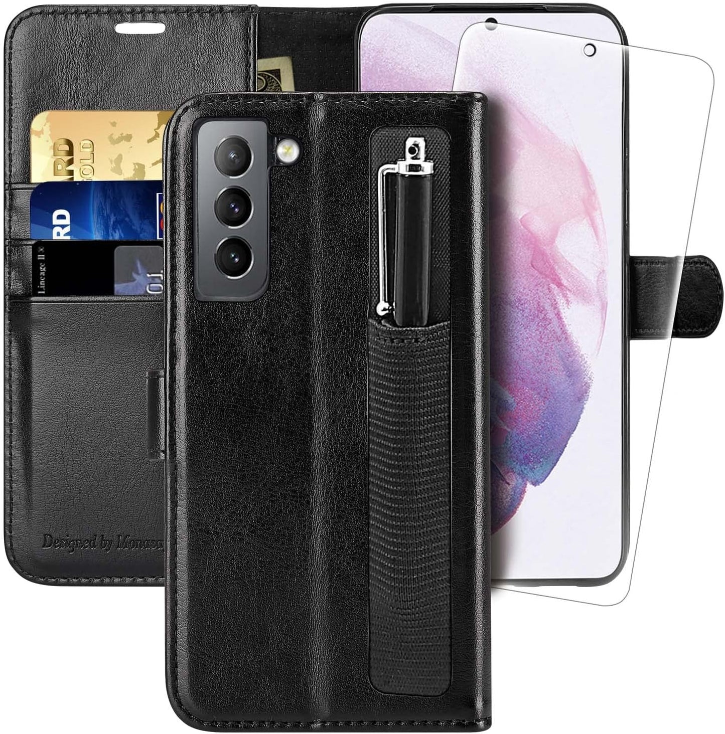 MONASAY Wallet Case for Galaxy S21+Plus 5G, 6.7 Inch [Screen Protector Included][Rfid Blocking] Flip Folio Leather Cell Phone Cover with Credit Card Holder, Lavenders  MONASAY Dark Black  