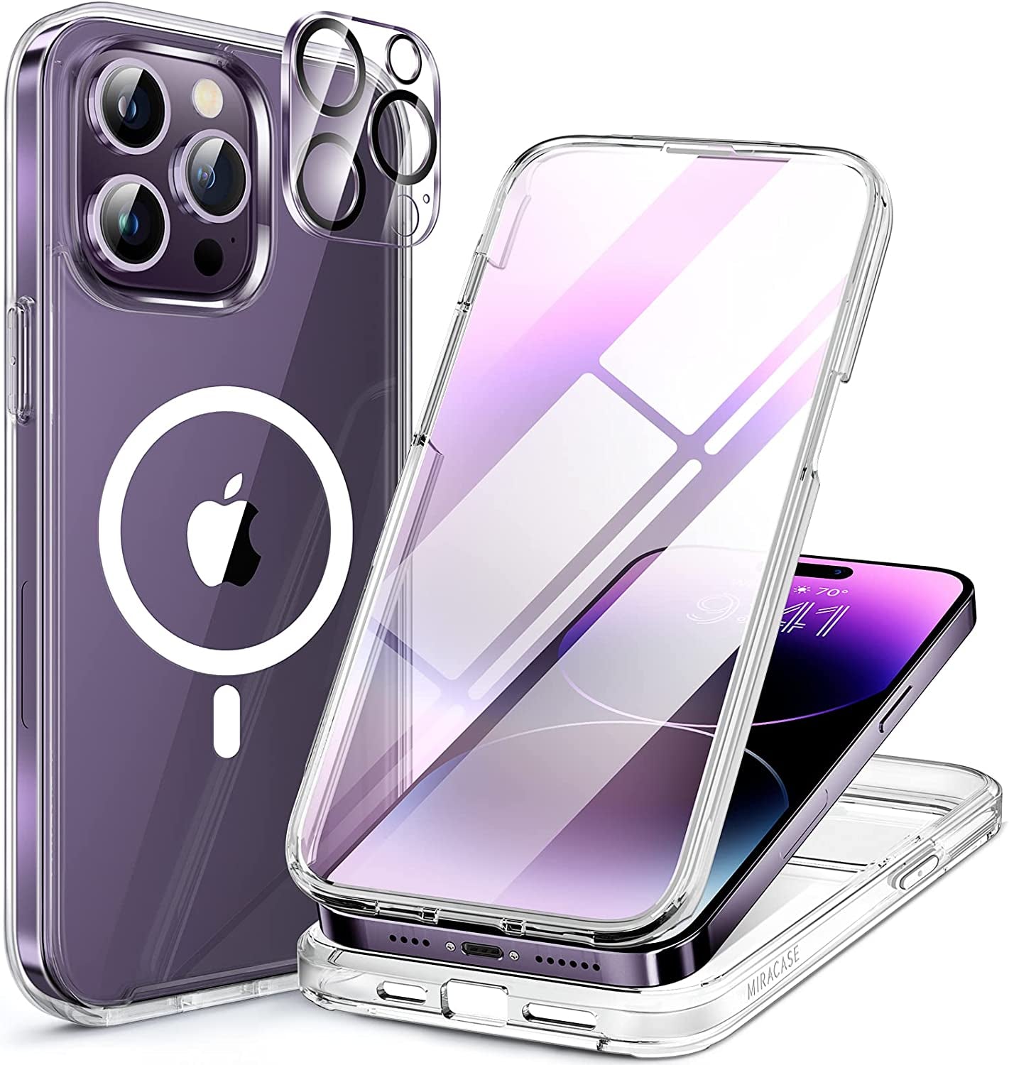 Miracase Glass Series for Iphone 14 Pro Case 6.1 Inch, 2023 Full-Body Clear Bumper Case with Built-In 9H Tempered Glass Screen Protector, with Camera Lens Protector (Noble Purple)  Miracase Magnetic Clear  