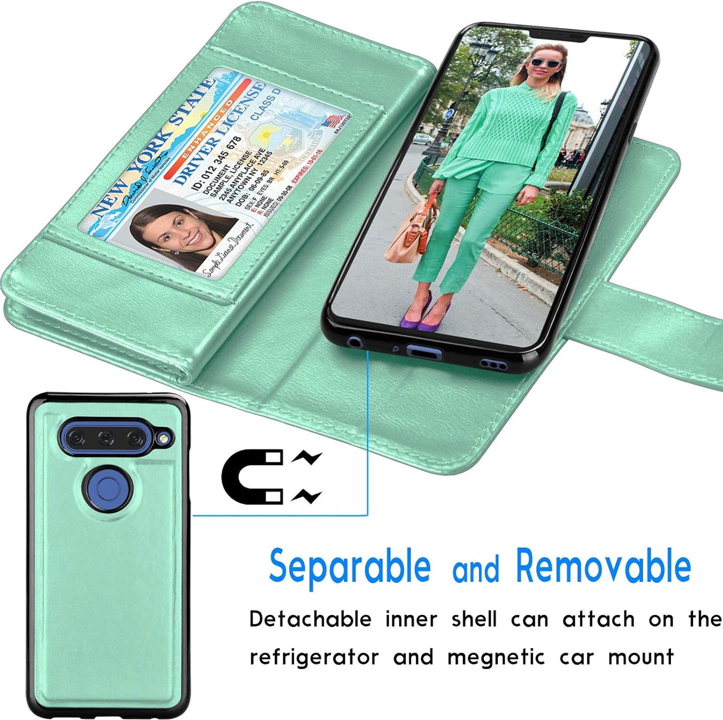 Tekcoo Wallet Case for LG V40 / LG V40 Thinq, Luxury ID Cash Credit Card Slots Holder PU Leather Purse Folio Flip Carrying Cover Cases [Detachable Magnetic Hard Case] Kickstand - Turquoise  Tekcoo   