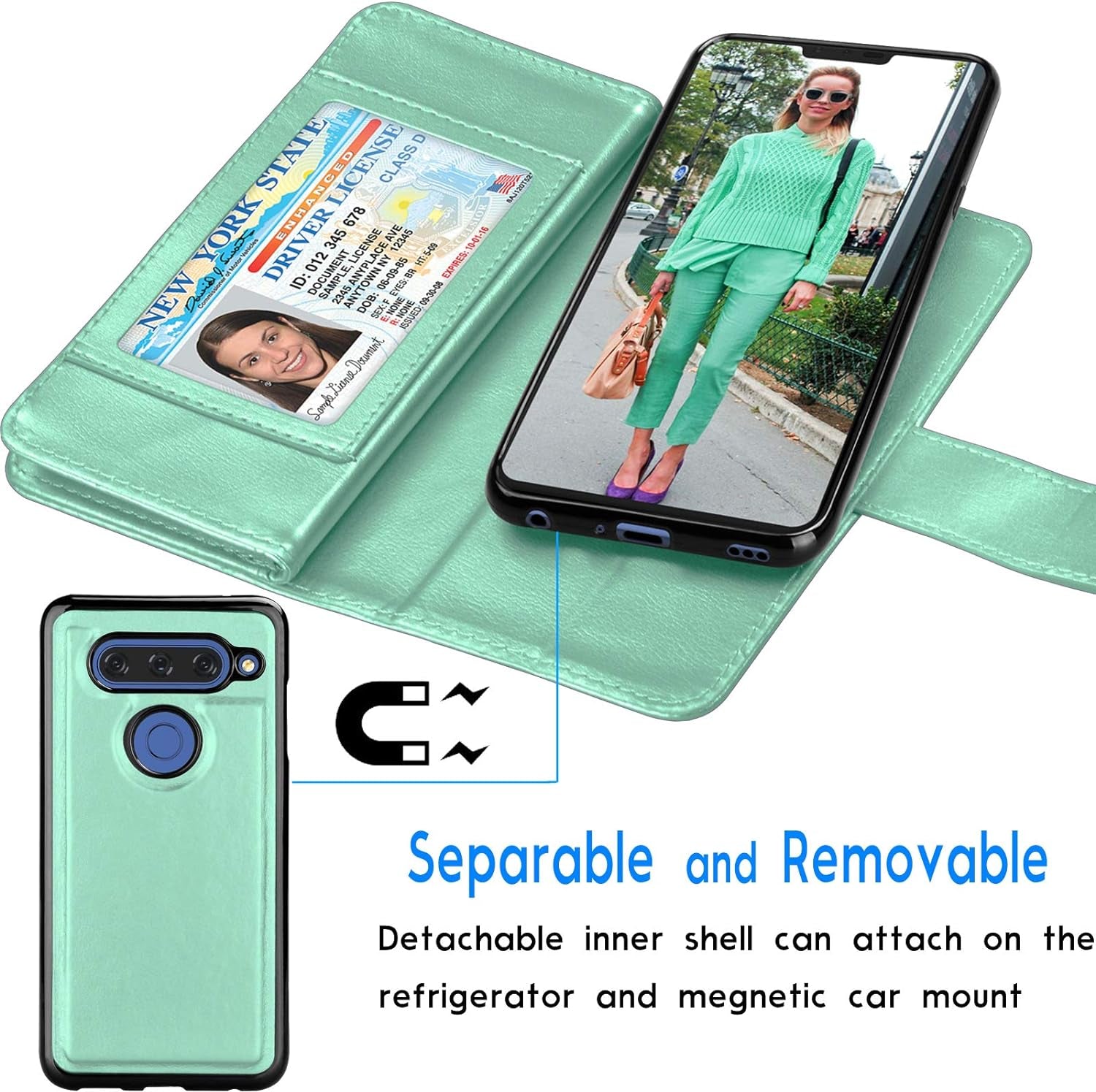 Tekcoo Wallet Case for LG V40 / LG V40 Thinq, Luxury ID Cash Credit Card Slots Holder PU Leather Purse Folio Flip Carrying Cover Cases [Detachable Magnetic Hard Case] Kickstand - Turquoise  Tekcoo   