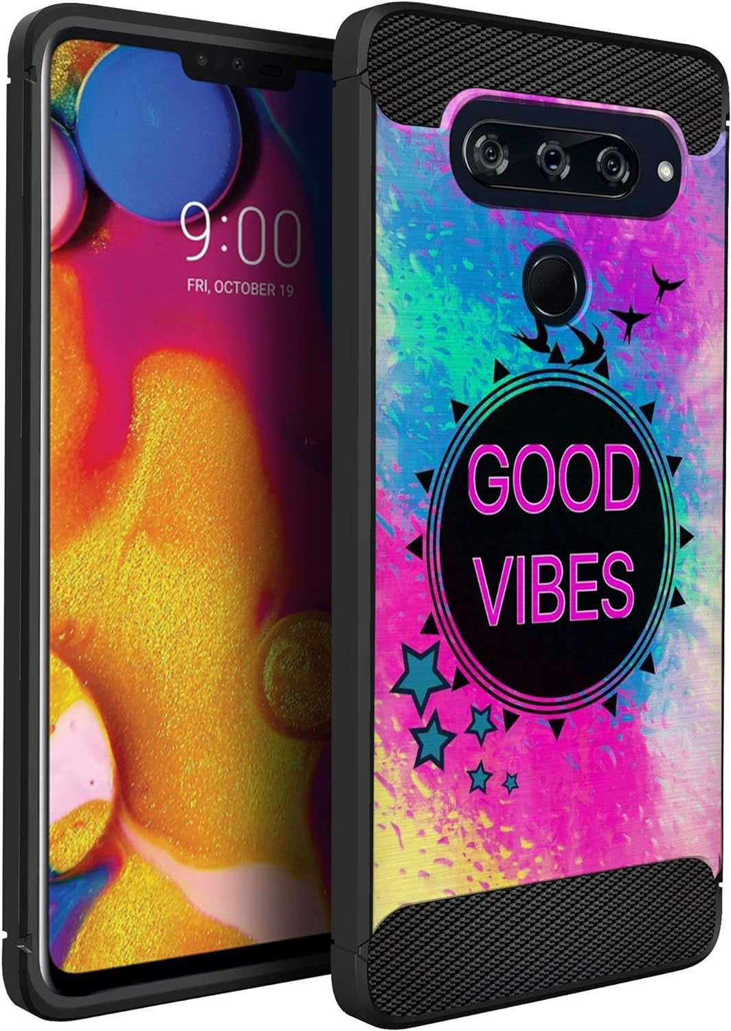 Casesondeck Case Compatible with [LG V40 Thinq] Soft TPU Bumper Cover Carbon Fiber Texture Flexible (Flowers)  CasesonDeck Good Vibes  