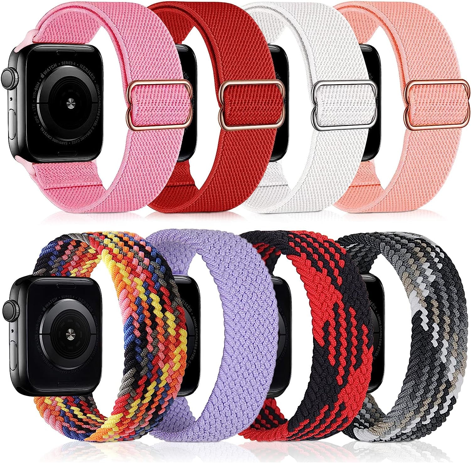 Lace Braided Solo Loop Lace Stretch Nylon Elastic Strapcompatible with Apple Watch Band 38Mm 40Mm 41Mm 42Mm 44Mm 45Mm 49Mm for Men and Women Iwatch Series Ultra SE 8 7 6 5 4 3 2 1, 8 Packs  EOGKJ 8Packs Nylon and Loop Strap Womens Bands 38/40/41MM 