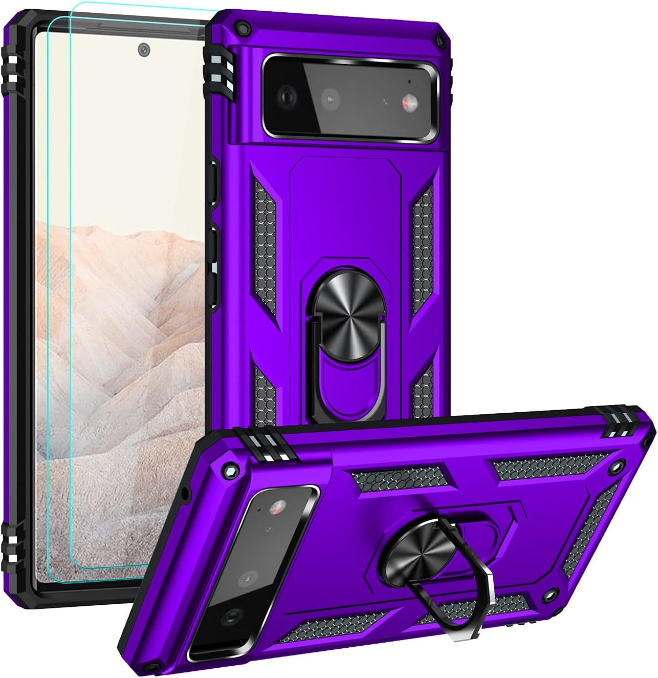 Androgate Designed for Google Pixel 6 Case with HD Screen Protectors, Military-Grade Metal Ring Holder Kickstand 15Ft Drop Tested Shockproof Cover Case for Pixel 6 Red  Androgate Purple  