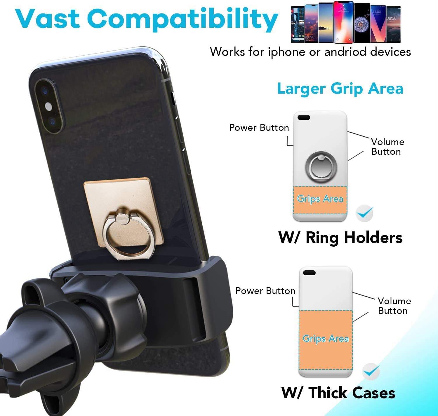 [2 Pack]Apps2Car Vent Car Phone Holder, Air Vent Phone Holder for Car, Car Vent Phone Mount, Car Air Vent Clip Holder, Universal Phone Car Mount, Cellphone Holder with Expandable Grip,Vent Mount Phone  Wiiki-Tech   