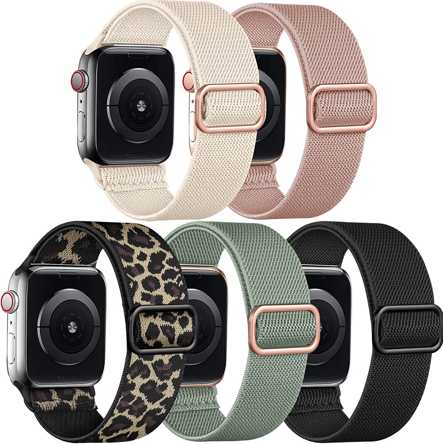 Adorve 5 Pack Stretchy Solo Loop Bands Compatible with Apple Watch Ultral Band 38Mm 40Mm 42Mm 44Mm 41Mm 45Mm 49Mm for Women Men, Soft Nylon Elastic Braided Strap for Iwatch SE Series 8/7/6/5/4/3/2/1  Adorve Black/Sand Pink/Pine Green/Starlight/Leopard 38mm/40mm/41mm 
