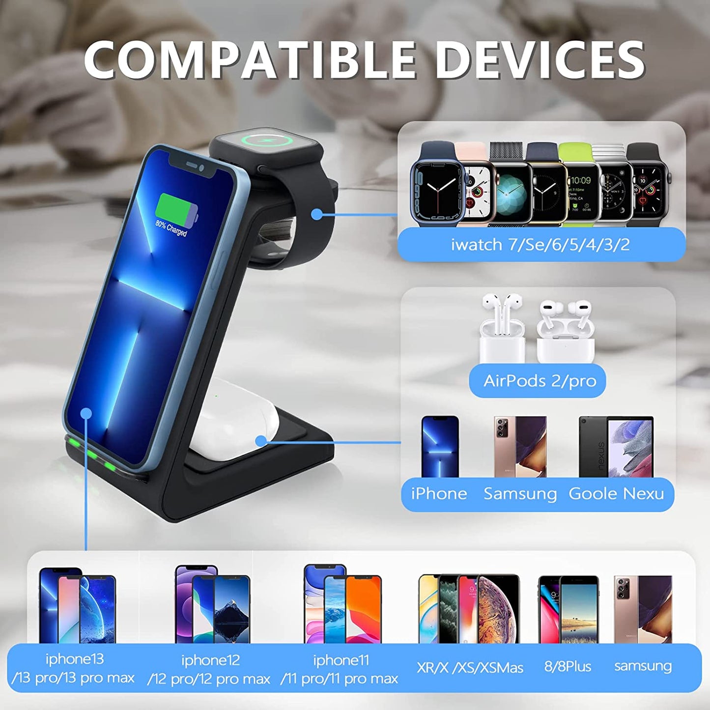 Wireless Charging Stand, Muleug 3 in 1 Wireless Charger Charging Station Dock for Apple Watch SE 6 5 4 3 2, Airpods Pro, Iphone 12/11/11 Pro/X/Xr/Xs/8 Plus, Qi-Certified Phones (With QC3.0 Adapter)  Muleug   