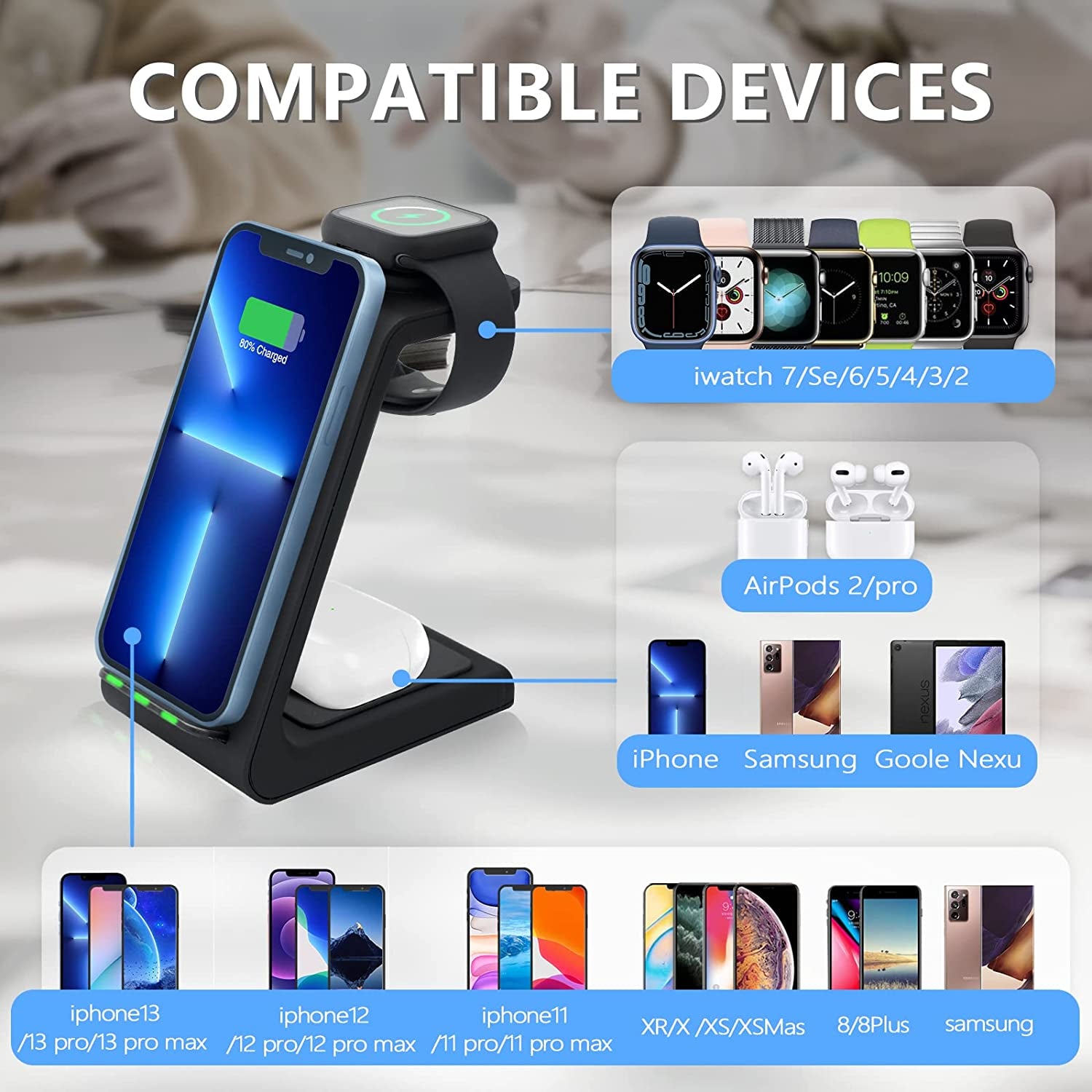 Wireless Charging Stand, Muleug 3 in 1 Wireless Charger Charging Station Dock for Apple Watch SE 6 5 4 3 2, Airpods Pro, Iphone 12/11/11 Pro/X/Xr/Xs/8 Plus, Qi-Certified Phones (With QC3.0 Adapter)  Muleug   