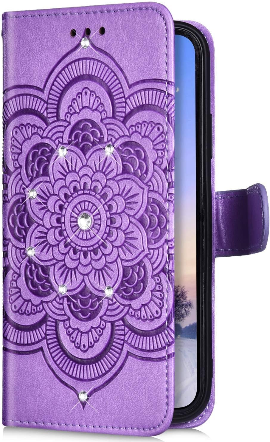 IKASEFU Compatible with LG G8 Thinq Case Shiny Sun Mandala Floral Rhinestone Pu Leather Diamond Bling Wallet Strap Case with Card Holder Shockproof Magnetic Flip Bumper Cover,Purple  IKASEFU   