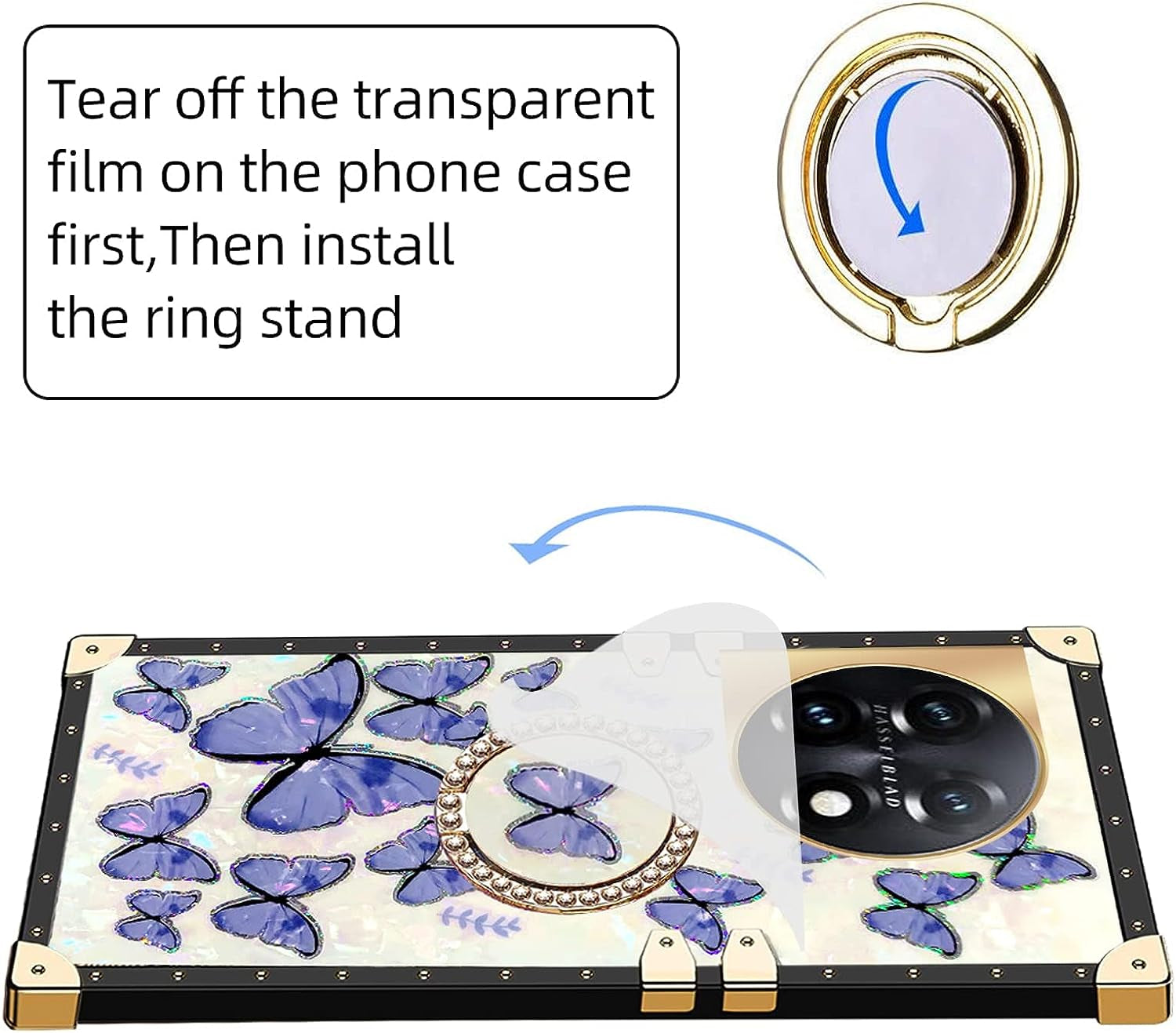 Kudini for Oneplus 11 Phone Case, Oneplus 11 5G Case for Women, Cute Square Glitter Girly Bling Stylish Retro Shock Soft TPU Protective Cover with Ring Kickstand for Oneplus 11 5G (Purple Butterfly)  KuDiNi   