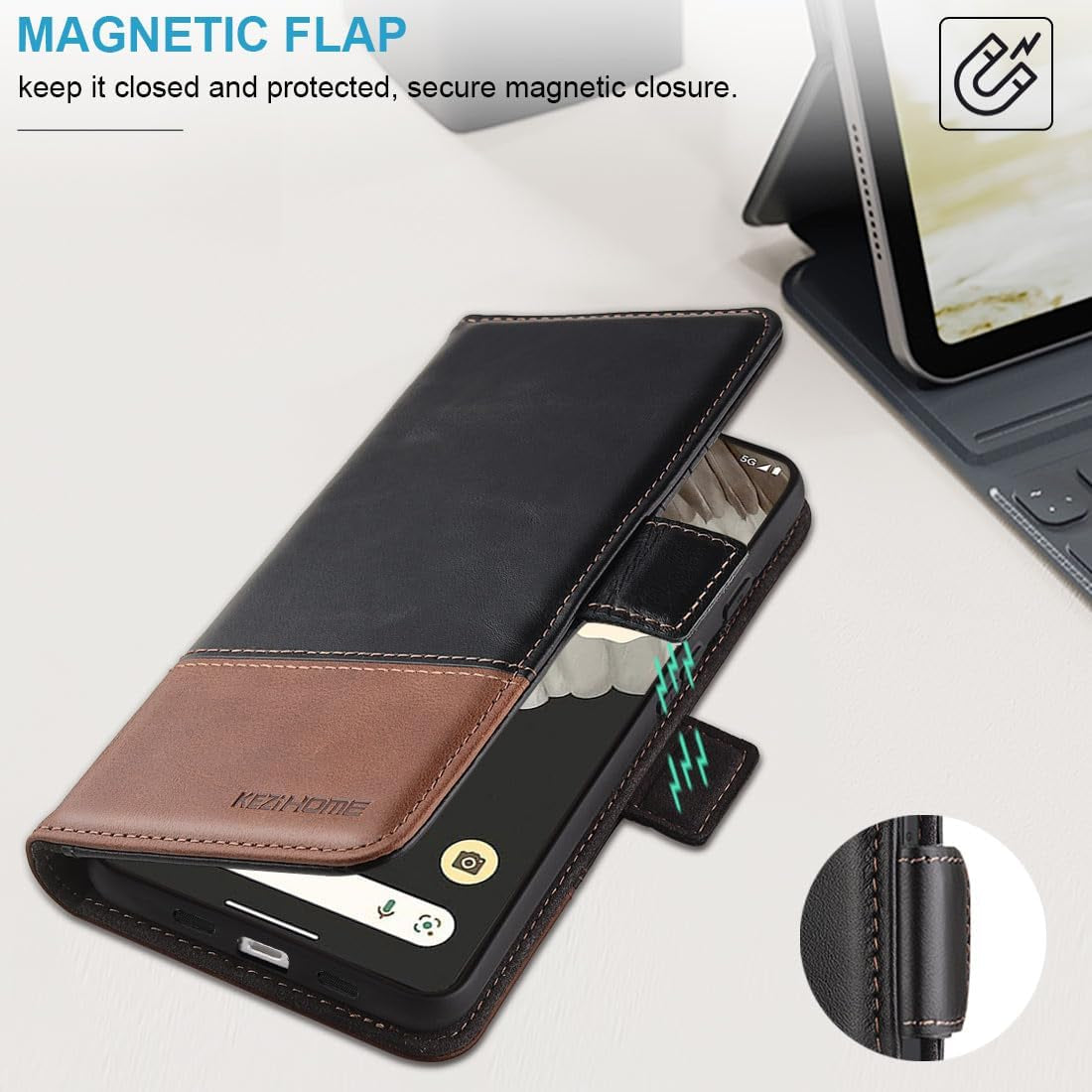 Kezihome Case for Google Pixel 8, Genuine Leather [RFID Blocking] Wallet Case with Card Holder Kickstand Flip Heavy Duty Protective Phone Cover for Google Pixel 8 5G (Black/Brown)  KEZiHOME   