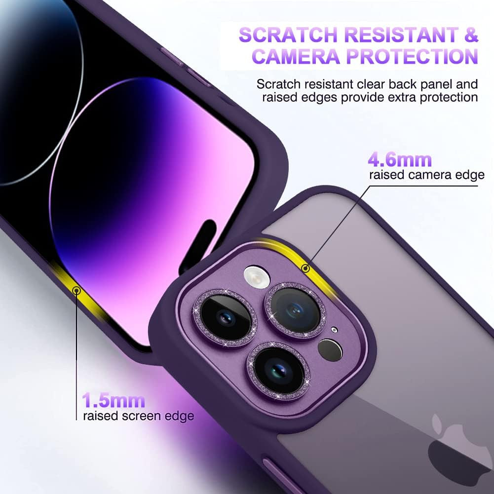 Tharlet Clear for Iphone 14 Pro Case [10FT Military Grade Drop Tested] White Silicone Slim Clear Hard Back Frame with Glitter Camera Lens Case for Iphone 14 Pro Phone Case, Purple (6.1")  tharlet   