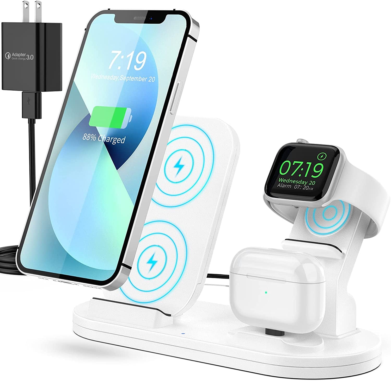 Wireless Charging Station for Apple Products, 3 in 1 Wireless Charger Stand for Iphone 8 above Series, Iwatch 8/Ultra/7/6/Se/5/4/3/2/1, Airpods Pro/3/2/1(With 18W Adapter)(Black)  Shenzhen Shi ChangfengXinwei Keji Youxian Gongsi White  