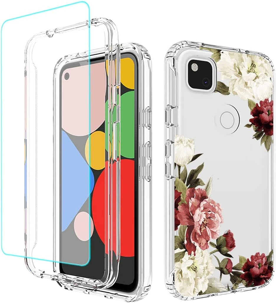 Tothedu Phone Case for Google Pixel 4A (Not Fit 4A 5G) G025J Case with Tempered-Glass Screen Protector, Clear Full Body Protective Hard PC Shell TPU Bumper Cover Cases for Google Pixel 4A (Clear)  Tothedu Flower  
