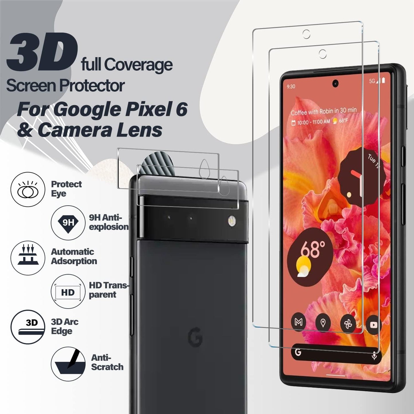 Pixel 6 Tempered Glass Screen Protector + Camera Lens Protector [ 2 + 2 Pack ][Fingerprint Unlock] [Anti-Scratch] [Case Friendly] HD Clear Protective Film for Google Pixel 6  BIGFACE   