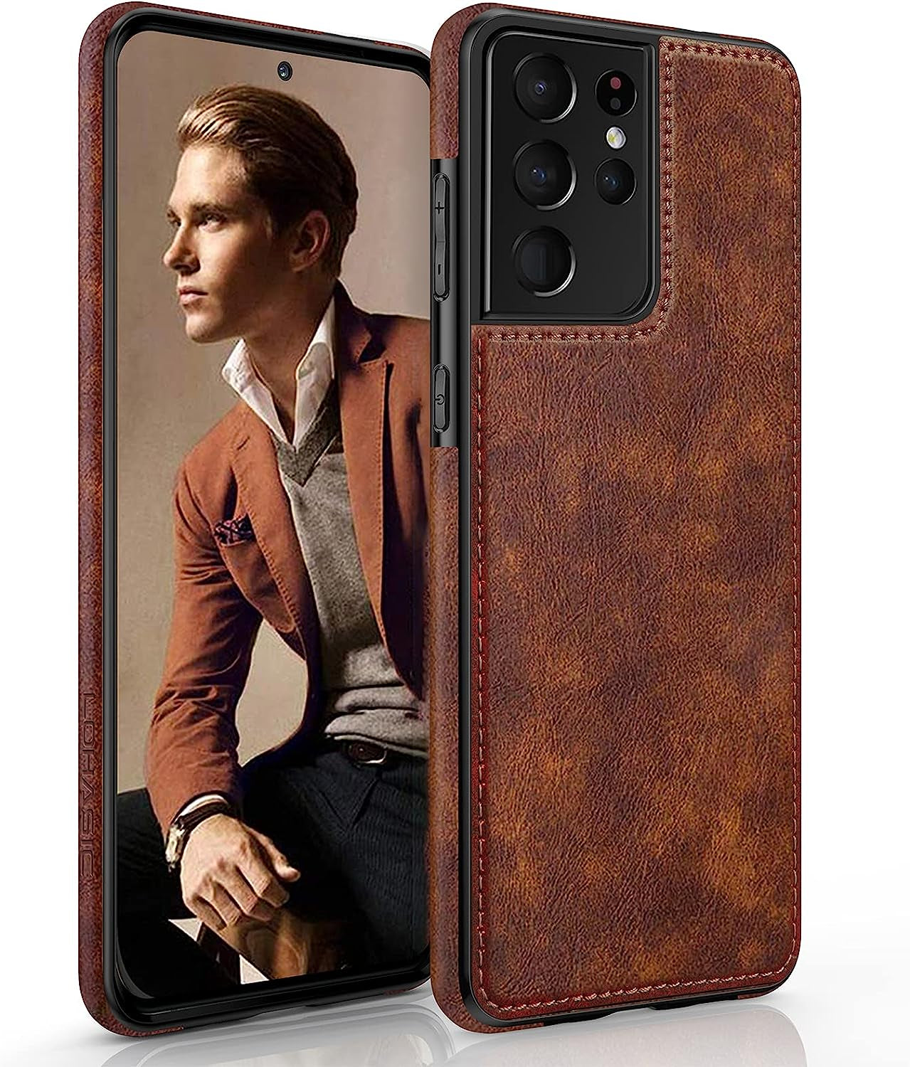 LOHASIC for Galaxy S21 Ultra Case, Premium Leather Luxury Business PU Non-Slip Grip Shockproof Bumper Full Body Protective Cover Phone Cases for Samsung Galaxy S21 Ultra 5G 6.8 Inch - Brown  LOHASIC   