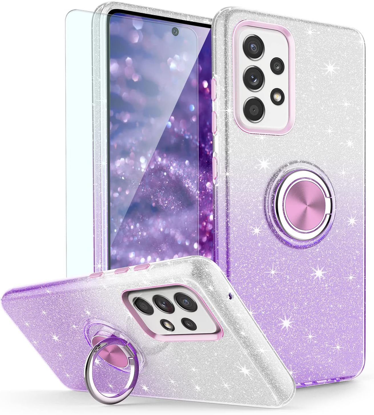 TJS Compatible with Samsung Galaxy A53 5G Case, with Tempered Glass Screen Protector, Metal Ring Magnetic Support Kickstand Tone Shinny Glitter Girls Women Protector Phone Case (Purple)  TJS   