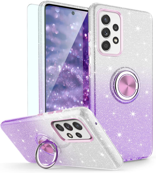 TJS Compatible with Samsung Galaxy A53 5G Case, with Tempered Glass Screen Protector, Metal Ring Magnetic Support Kickstand Tone Shinny Glitter Girls Women Protector Phone Case (Purple)  TJS   