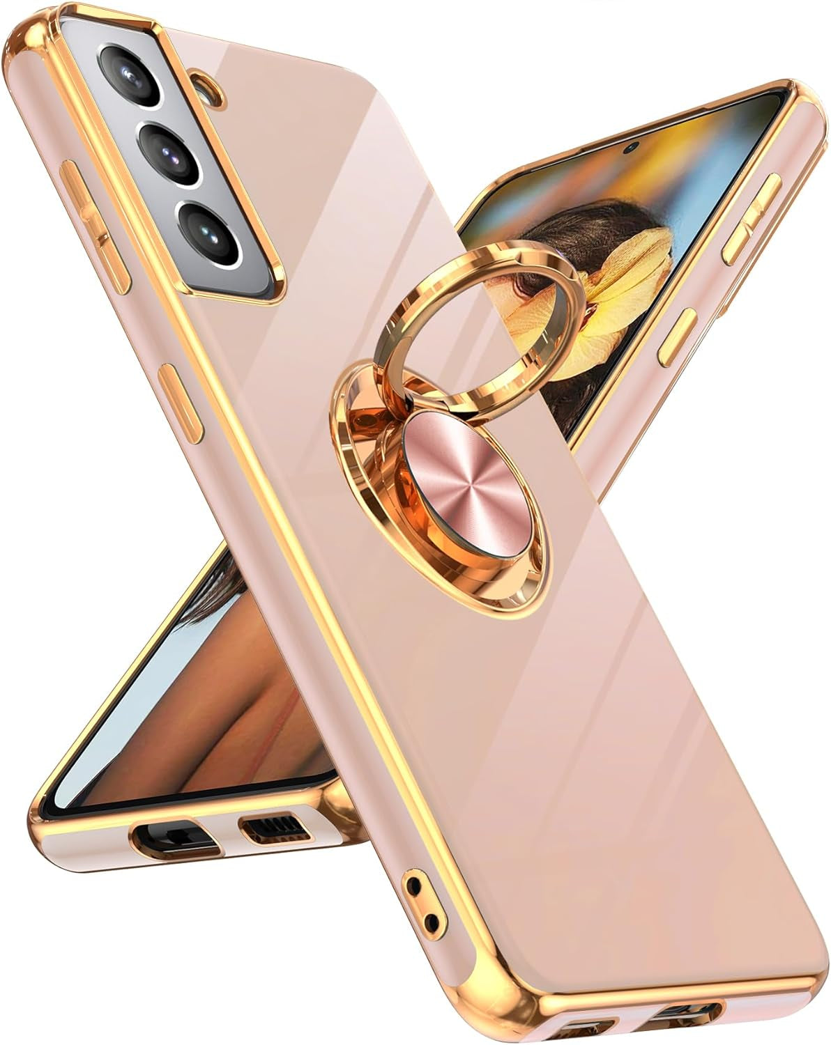 Leyi for Samsung Galaxy S21 plus Case 360° Rotatable Ring Holder Magnetic Kickstand, Plating Rose Gold Edge Protective Case, Grey  LeYi Pink Samsung Galaxy S21 Plus 