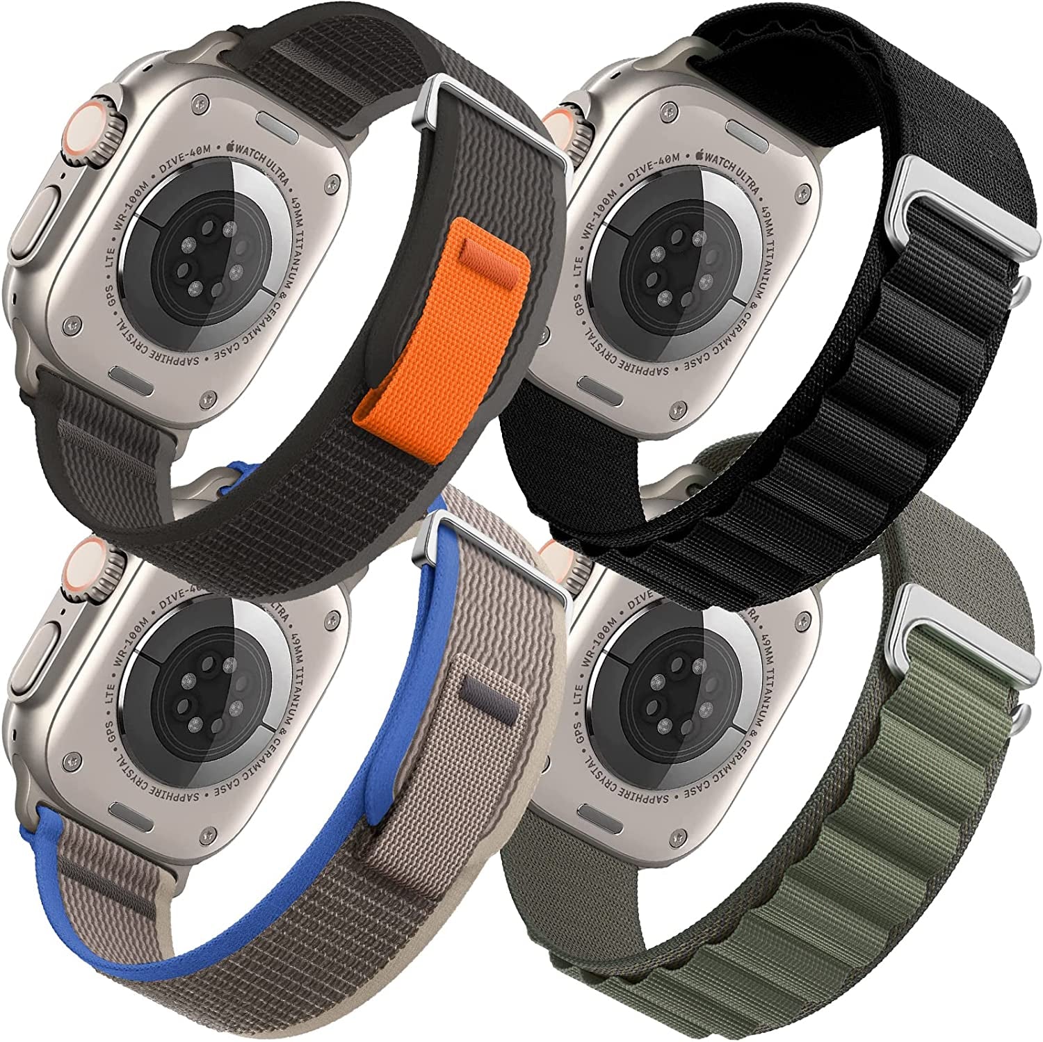 4 Pack Alpine Loop Nylon Band Compatible with Apple Watch Band 49Mm 45Mm 44Mm 42Mm Women Men,Adjustable Sport Metal C-Hook Strap for Iwatch Ultra Series SE 8/7/6/5/4/3/2/1,Black/Orange/Starlight/Green  AWYNJY Alpine Black+Alpine Green+Trail Black+Trail Blue 42/44/45/49mm 
