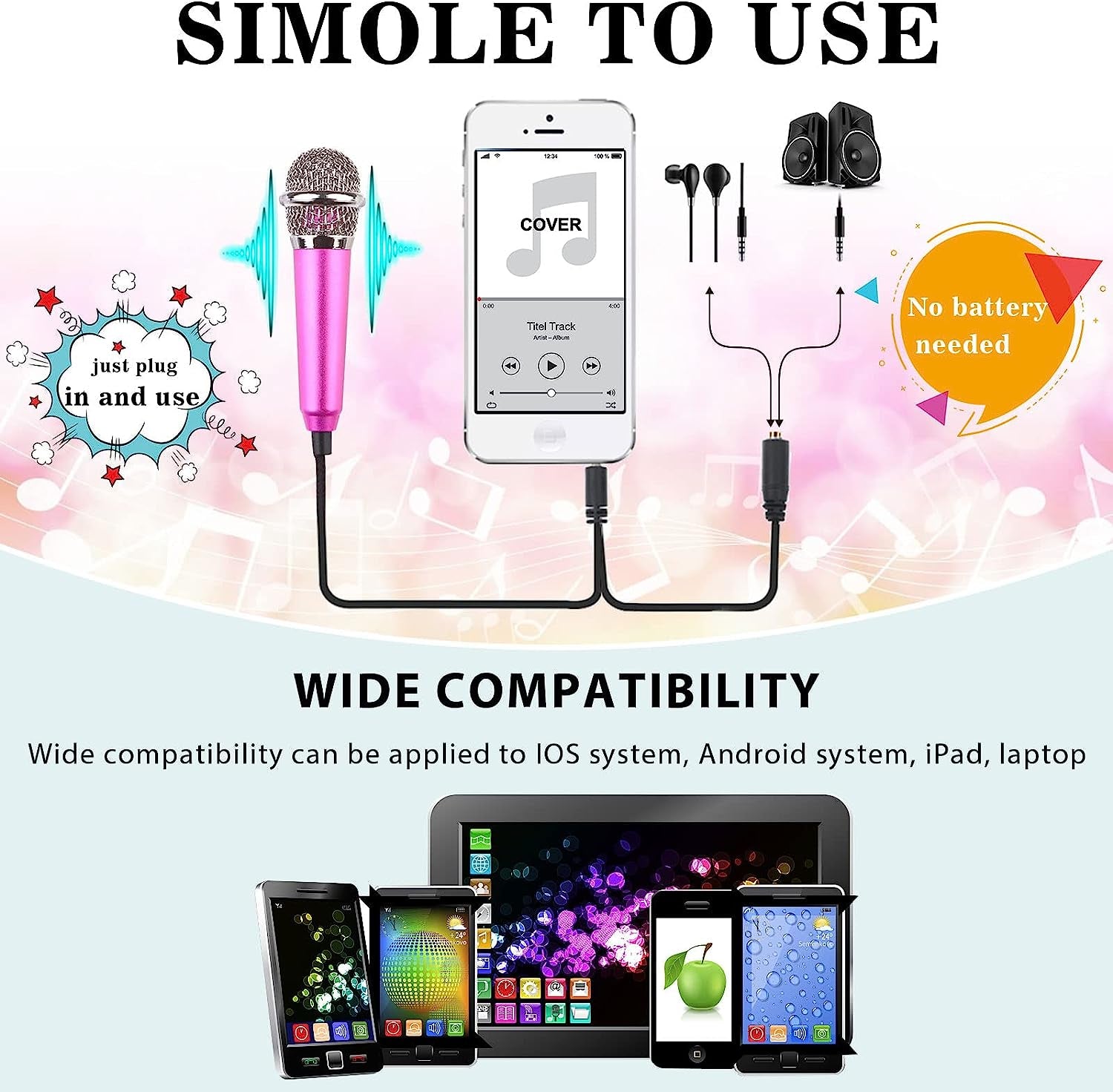 4-Piece Mini Microphone Tiny Microphone Mini Mic for Recording Voice and Singing on Iphone, Android Phones or Tablet, Metal, with 113 Cm Cord, 3.5 Mm Input (Rose Gold, Rose Red, Silver, Blue)  Hopeson   