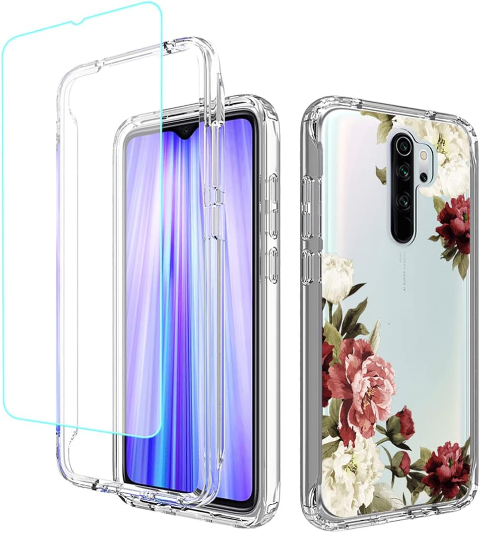 Gufuwo Case for Redmi Note 8 Pro M1906G7I Case with Tempered Glass Screen Protector, Clear 360 Full Body Protection Hard Shell+Soft TPU Bumper Shockproof Cover Case for Xiaomi Redmi Note 8 Pro (Clear)  Gufuwo Flower  