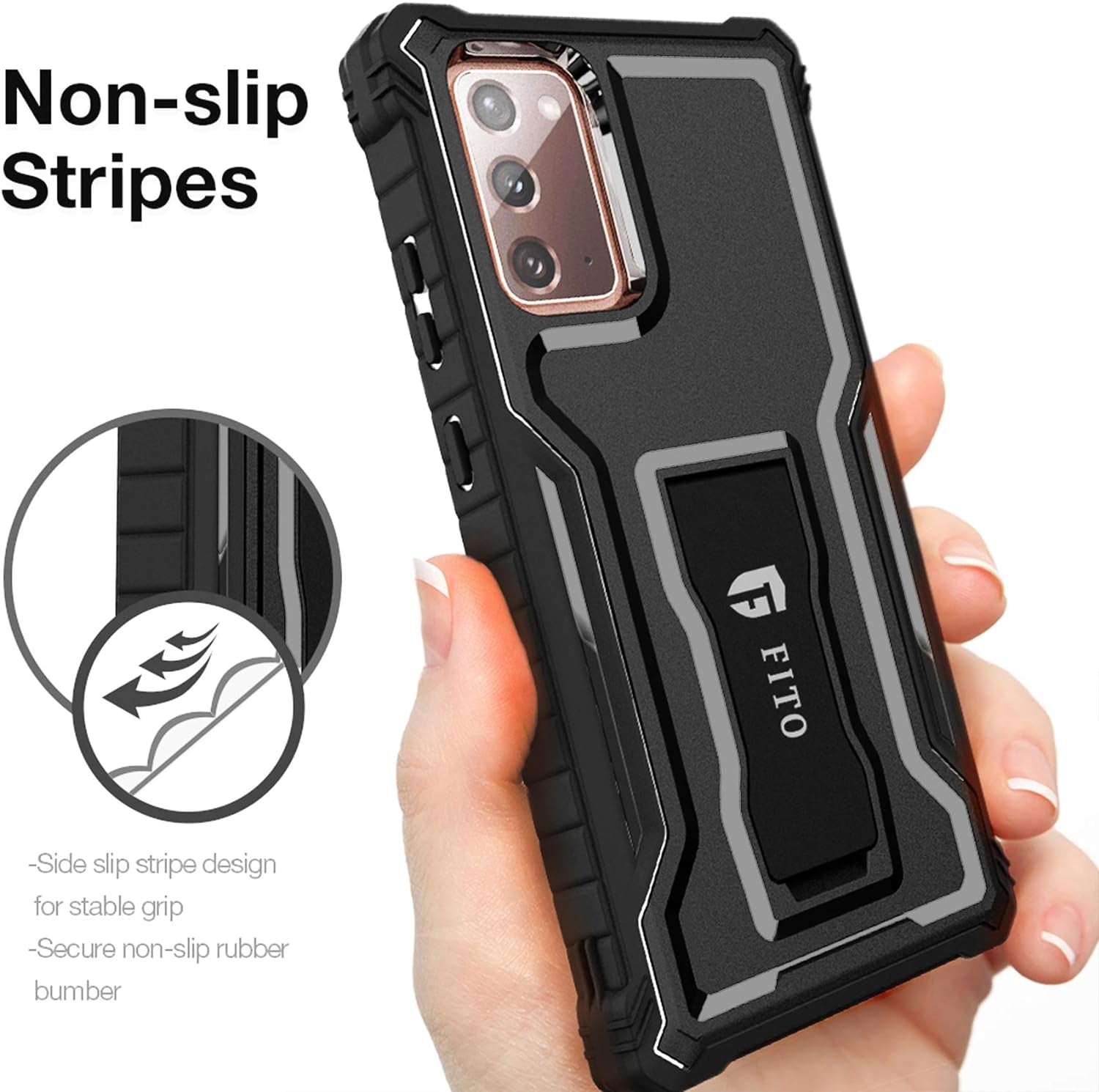 FITO Samsung Galaxy Note 20 Case, Dual Layer Shockproof Heavy Duty Case for Samsung Note 20 5G Phone without Screen Protector, Built-In Kickstand (Black, 6.7 Inch)  FITO   