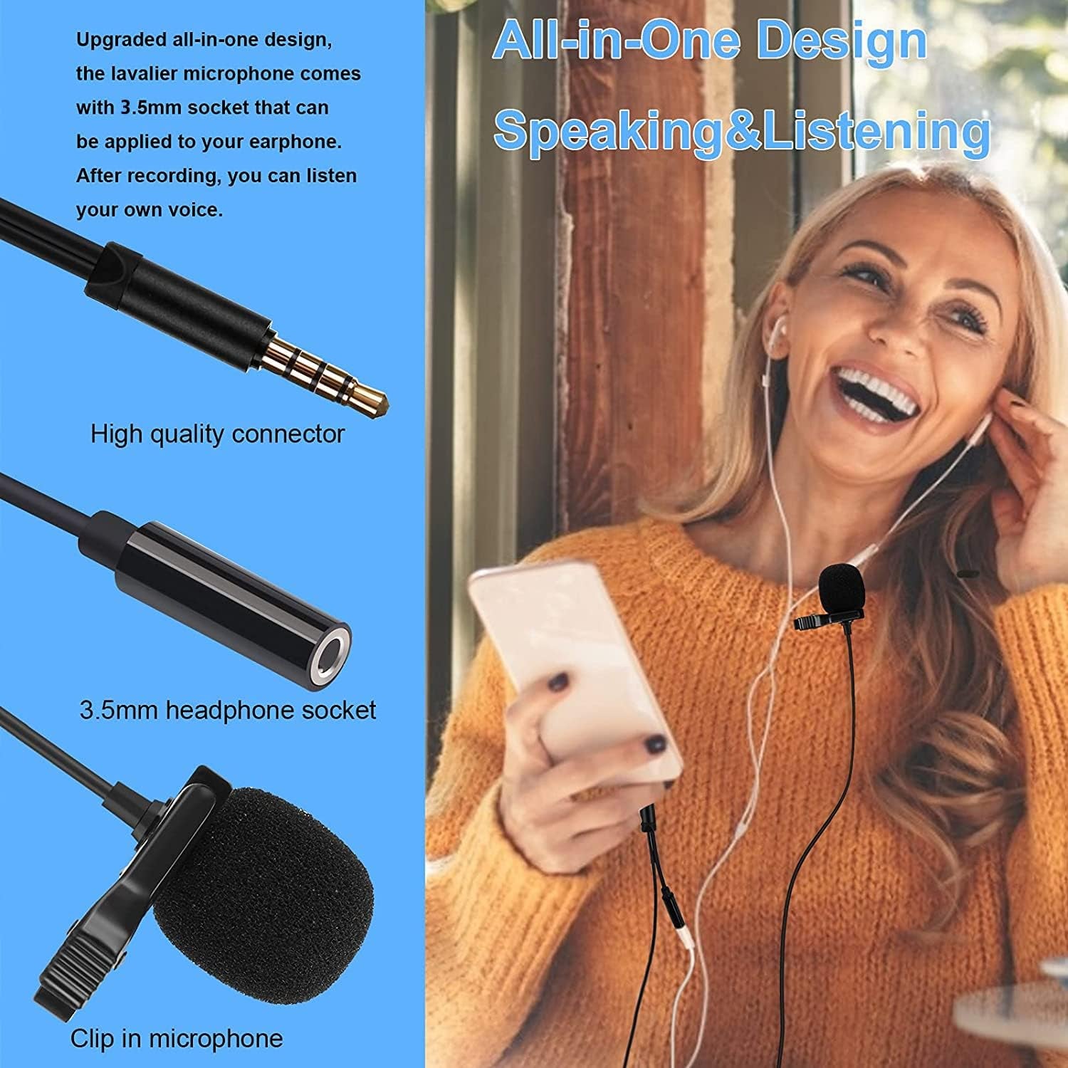 Bokadzi 5 Feet 3.5Mm Lavalier Microphone Lapel Omnidirectional Condenser Mic for Iphone Android & Windows Smartphones, Youtube, Interview, Studio, Video Recording（With the 4 Pin to 3 Pin Adapter）  Bokadzi   