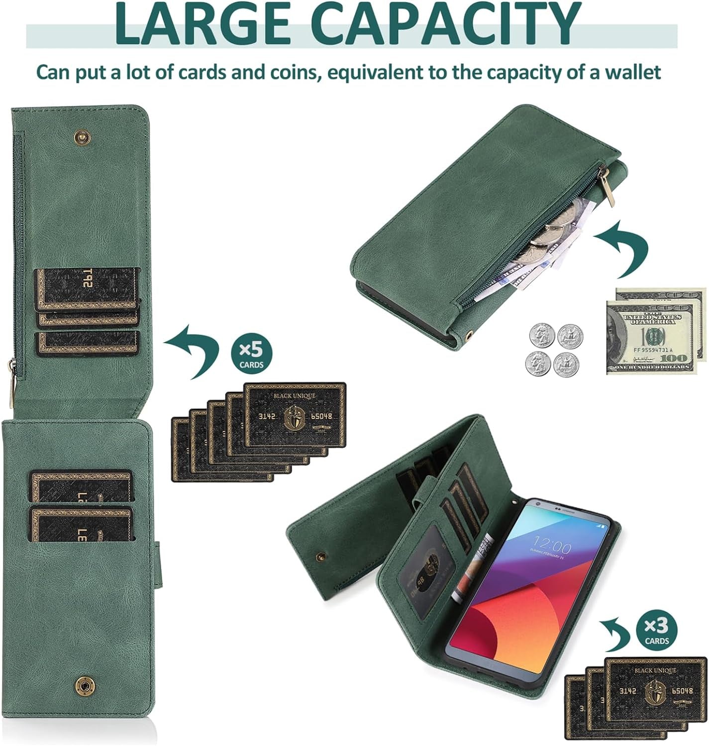 Compatible with LG G6 Wallet Case Tempered Glass Screen Protector and Zipper Leather Flip Cover Card Holder Stand Cell Accessories for LGG6 Thinq LG6 Thin Q G 6 plus G6+ 6G VS988 H872 Women Men Green  Asuwish   