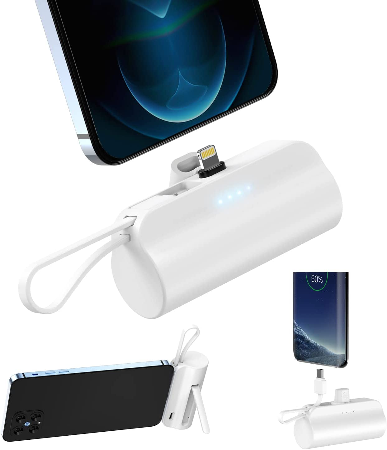 Abnoys Portable-Charger-Power-Bank - 8000Mah Ultra Compact Portable Phone Charger 5V3A Output Battery Pack Built-In Type-C Cable and Cell Phone Holder Compatible with Iphone and Samsung, Etc.(Black)  Dongguan Junboshi Electronic Technology Co.,Ltd White  